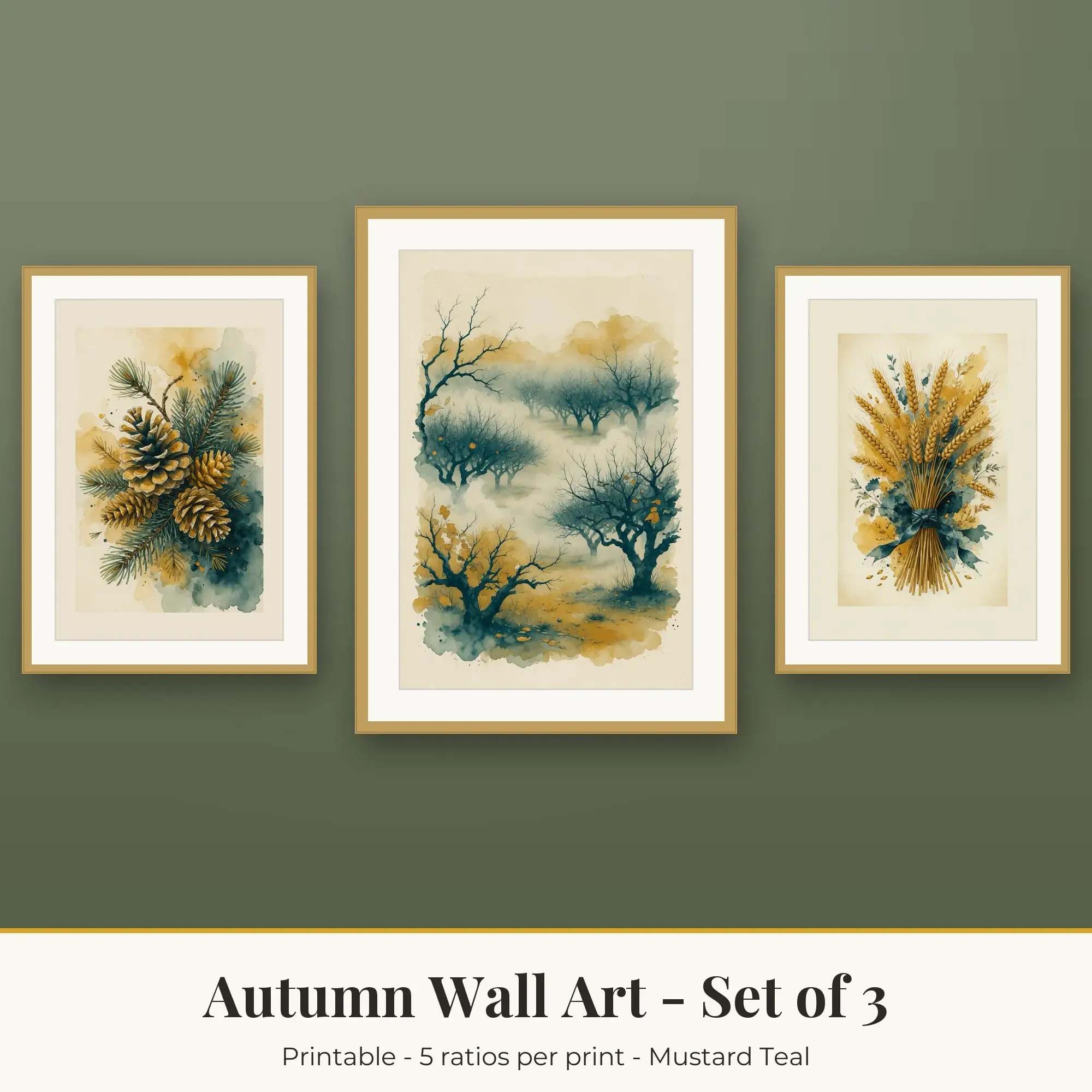 Autumn Wall Art Set of 3, Mustard Teal Pine Cones & Foggy Orchard preview