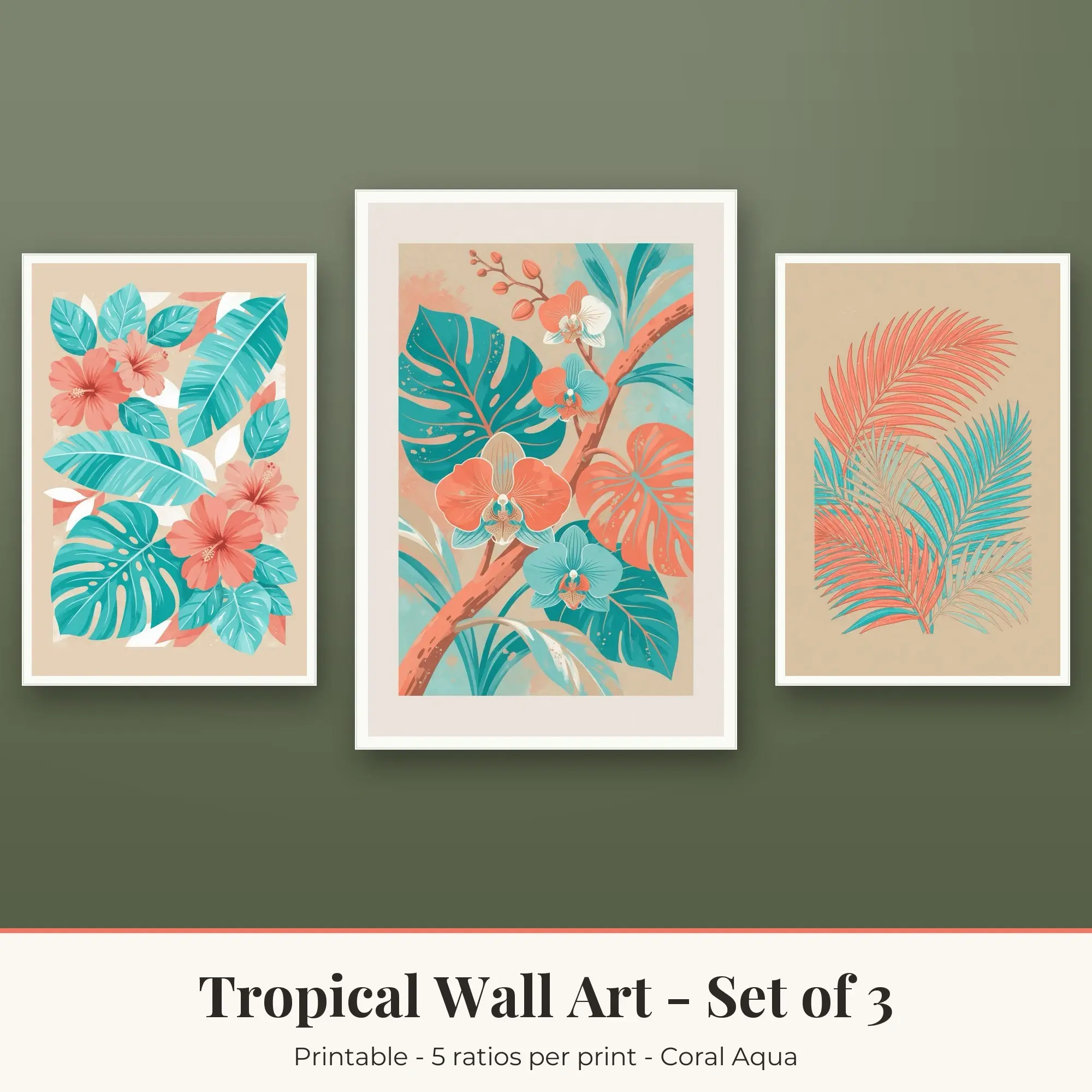 Tropical Wall Art Set of 3, Coral Aqua Hibiscus & Orchids preview