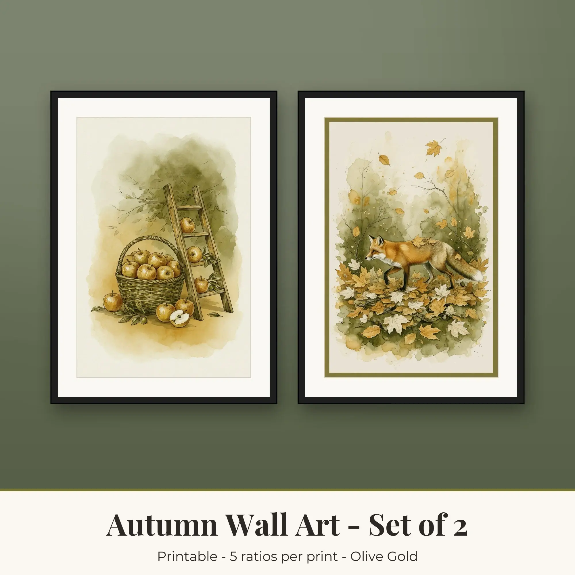Autumn Printable Art Set of 2: Apple Basket and Woodland Fox preview