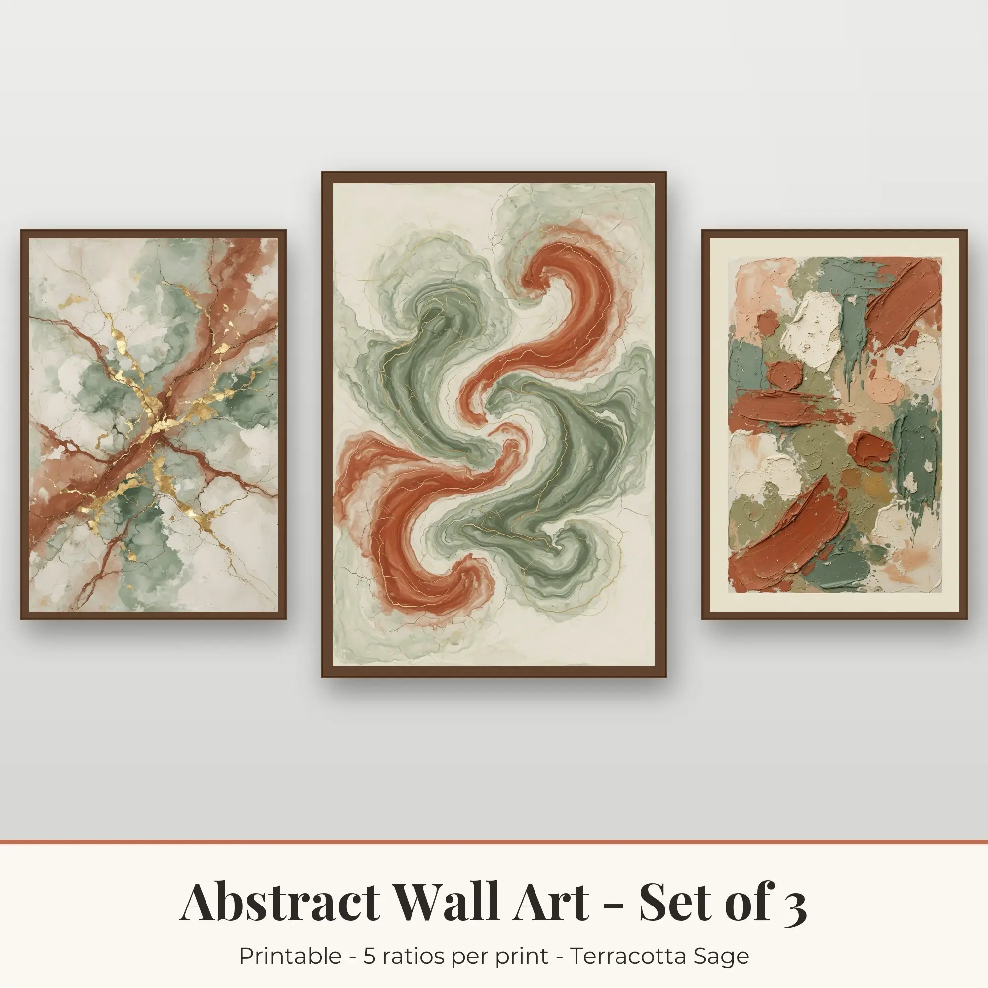 Abstract Wall Art Set of 3, Terracotta Sage Marble Veins & Gold Lines preview