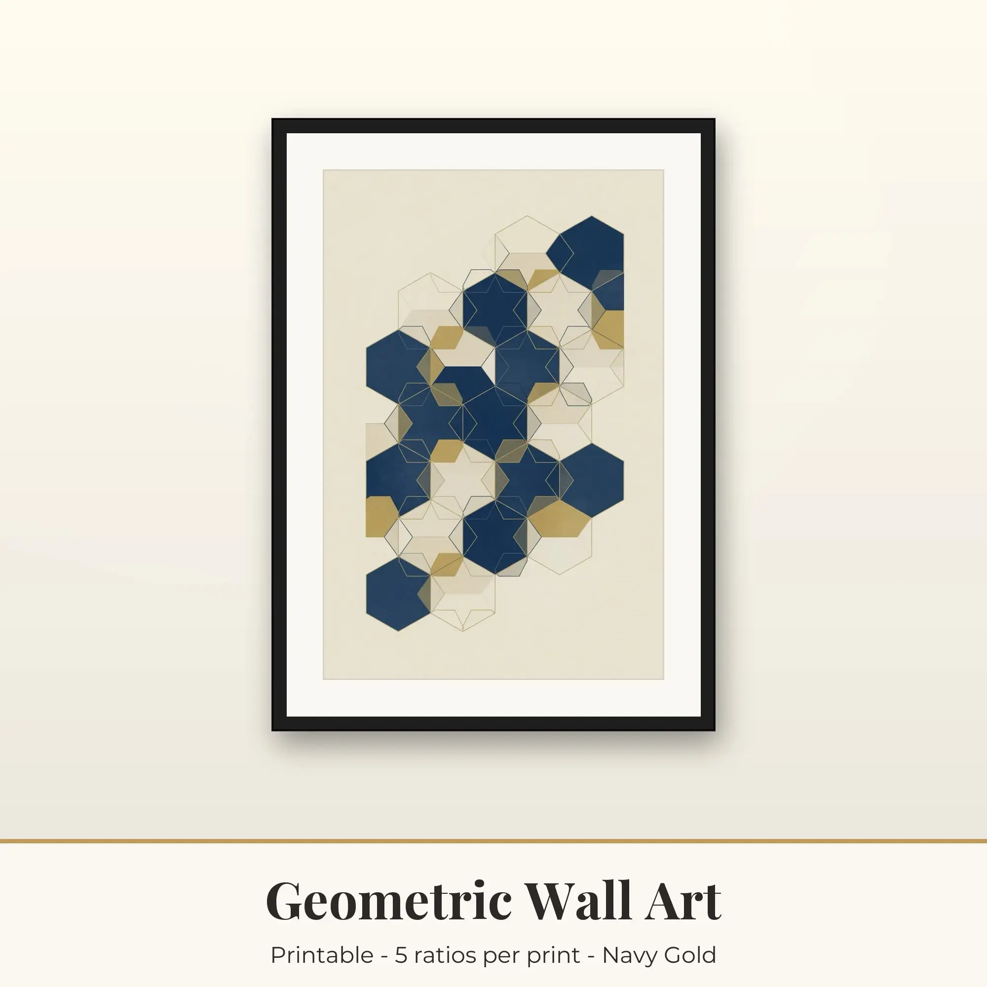 Geometric Wall Art Print, Navy Gold Hexagon Pattern preview