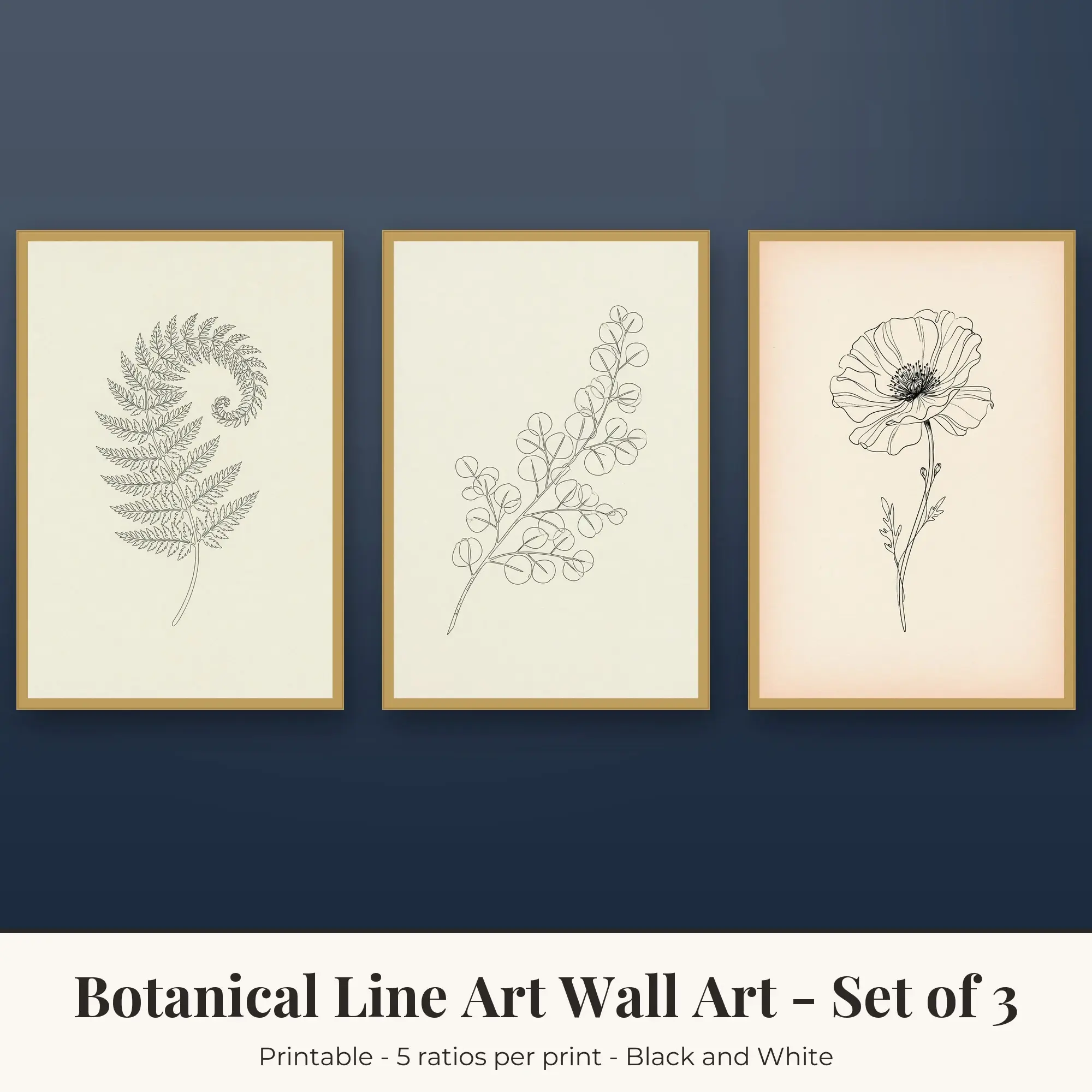 Botanical Line Art Set of 3: Eucalyptus, Black and White preview