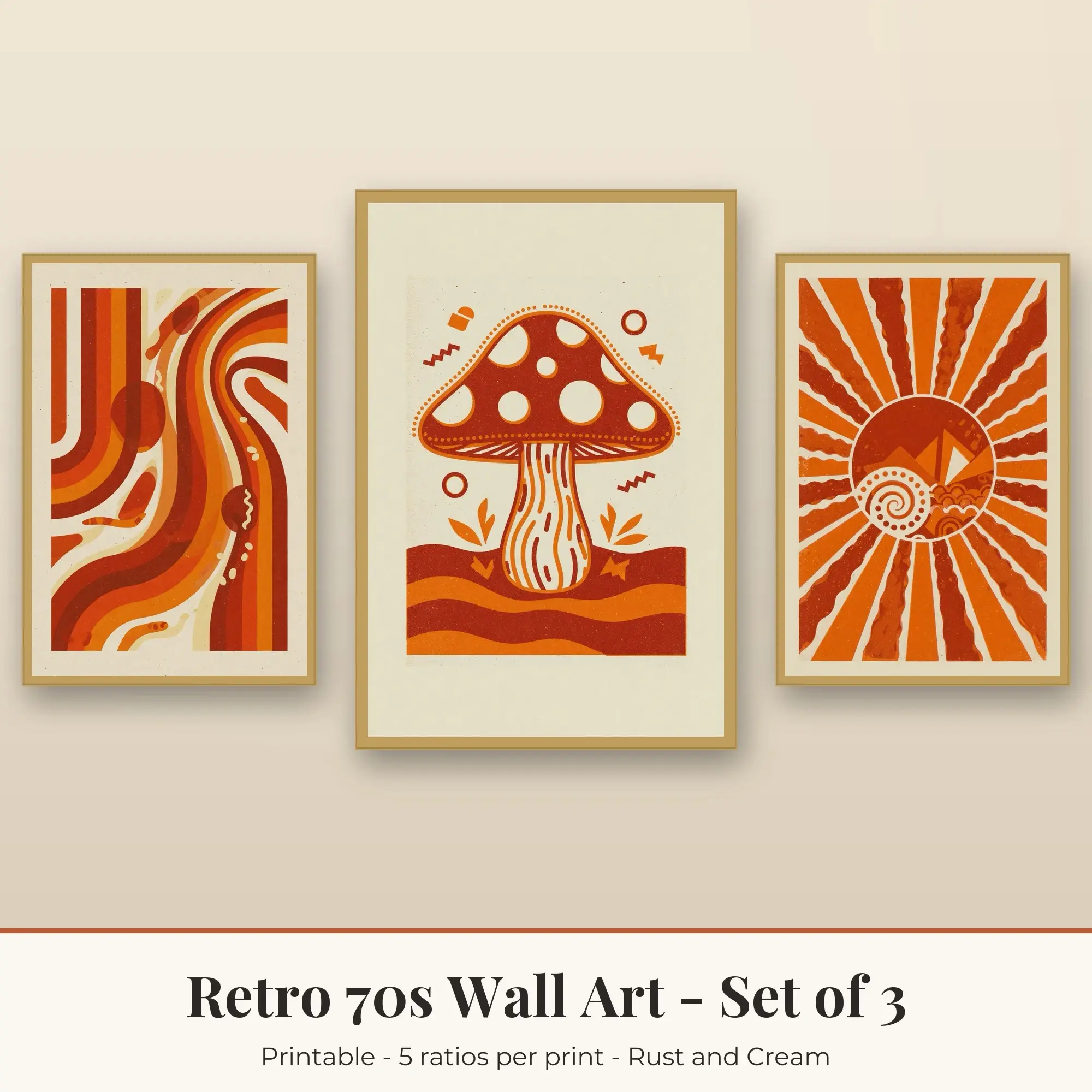 Retro 70s Wall Art Set of 3: Sunbeams, Rust and Cream preview