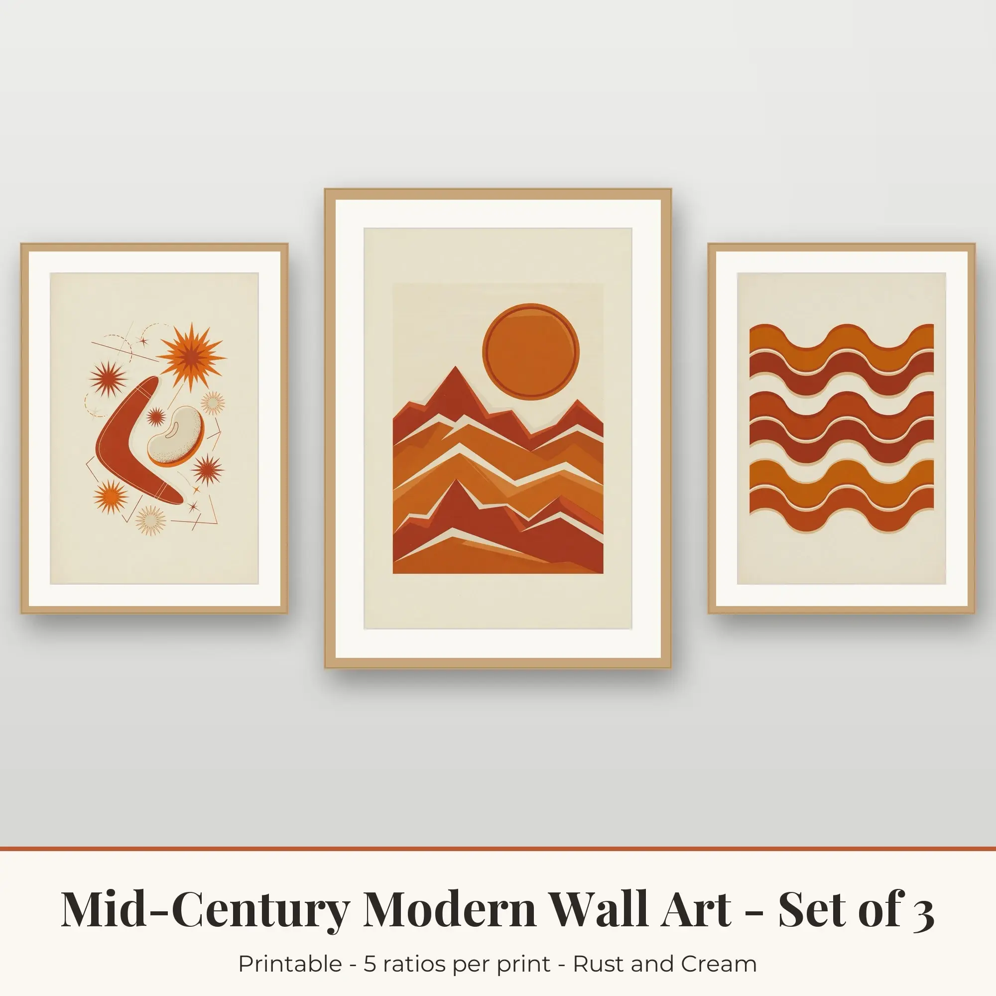 Mid-Century Modern Wall Art Set of 3: Mod Waves, Rust and Cream, preview 1 of 2