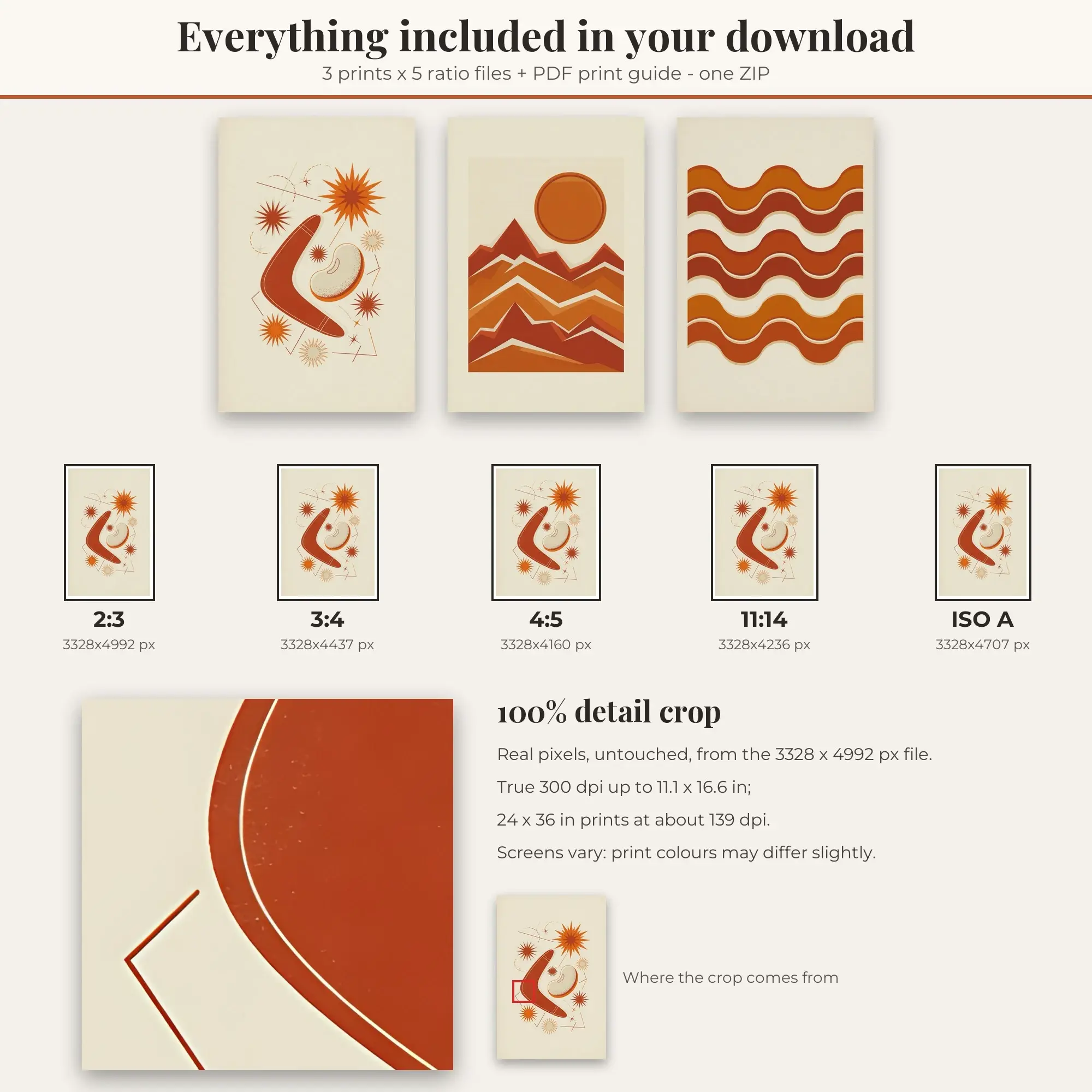 Mid-Century Modern Wall Art Set of 3: Mod Waves, Rust and Cream, preview 2 of 2