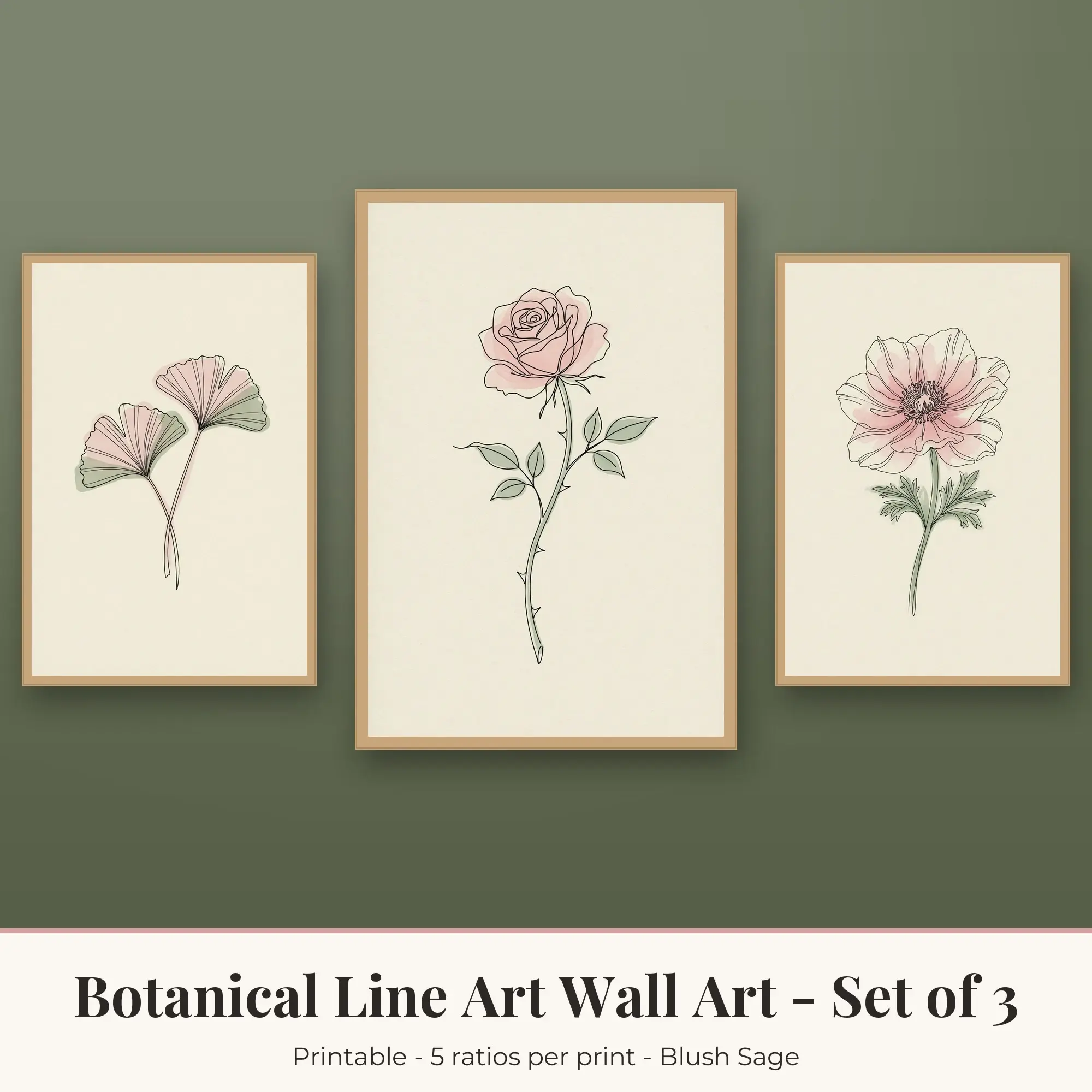 Botanical Line Art Wall Art Set of 3, Blush Sage Ginkgo & Rose Stem preview