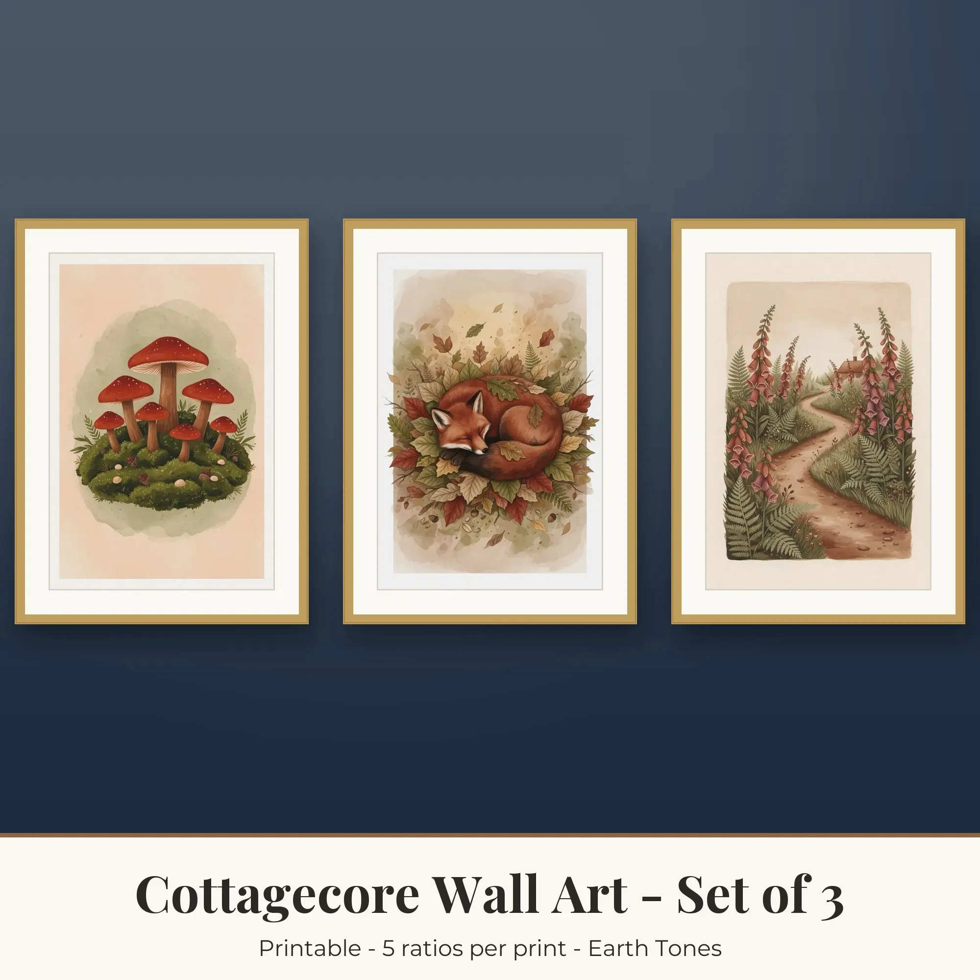 Cottagecore Wall Art Set of 3, Earth Tones Toadstools & Sleeping Fox preview