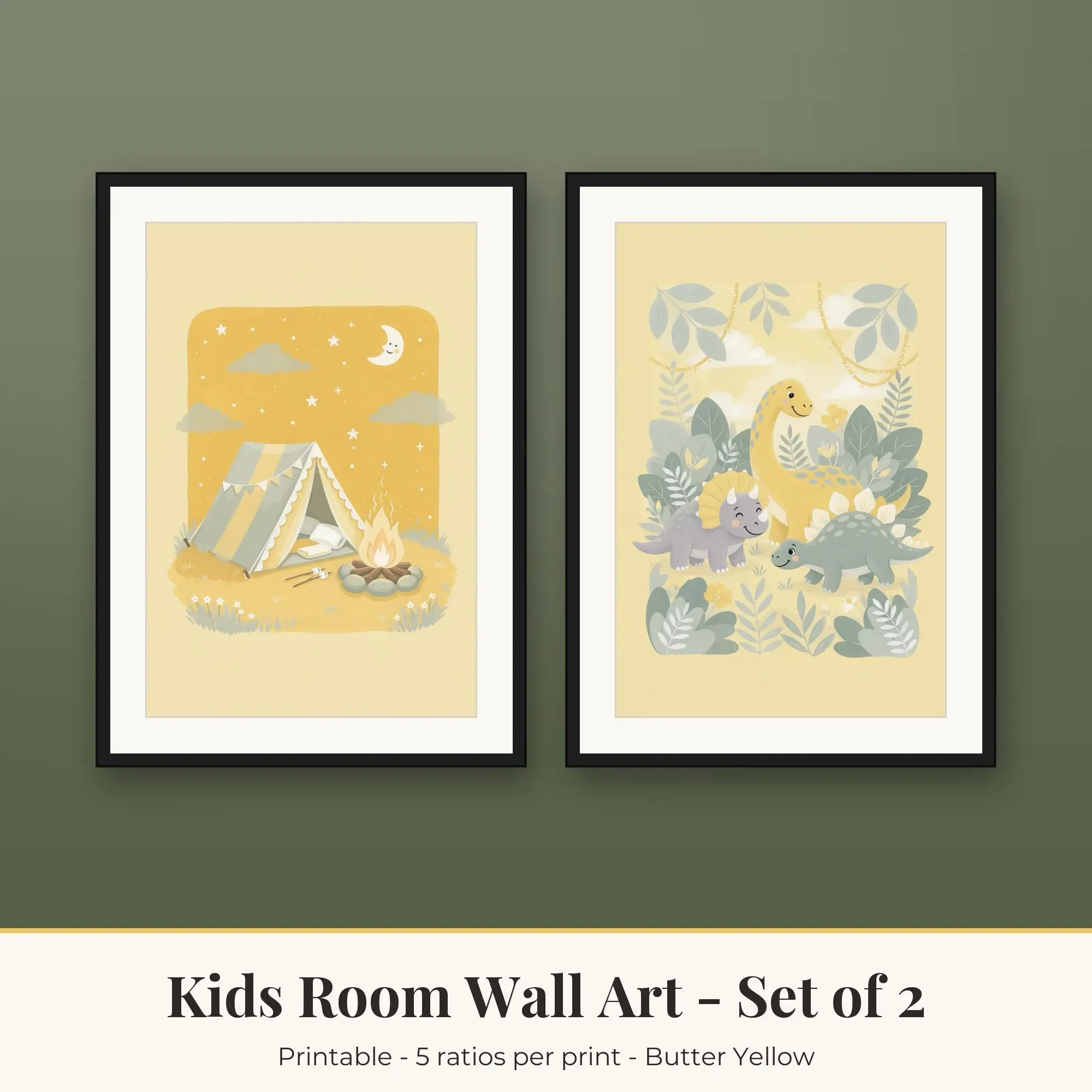 Kids Room Wall Art Set of 2, Camping Night and Dinosaurs, Printable preview