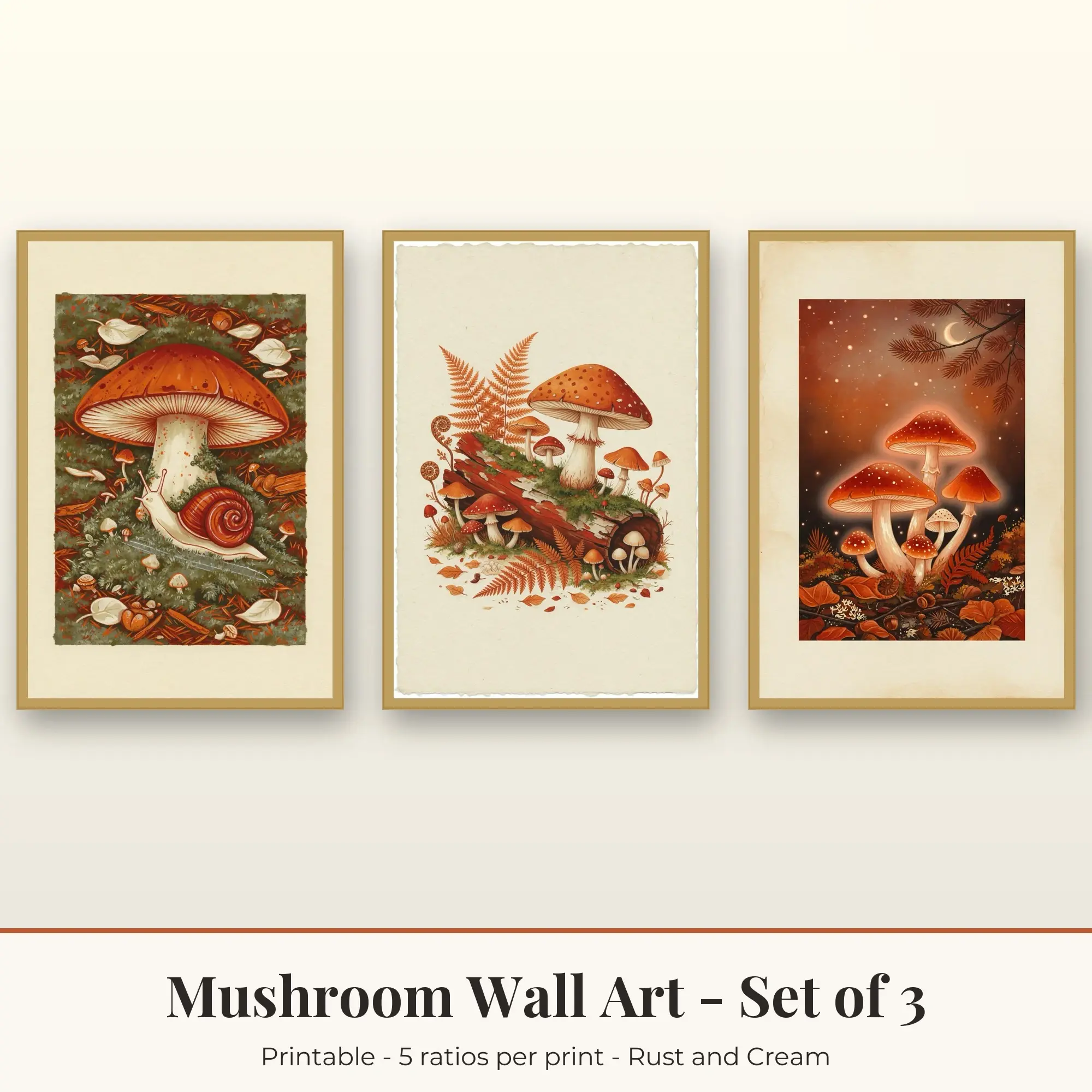Mushroom Wall Art Set of 3, Rust and Cream Moss Cap & Fern and Fungi, preview 1 of 2