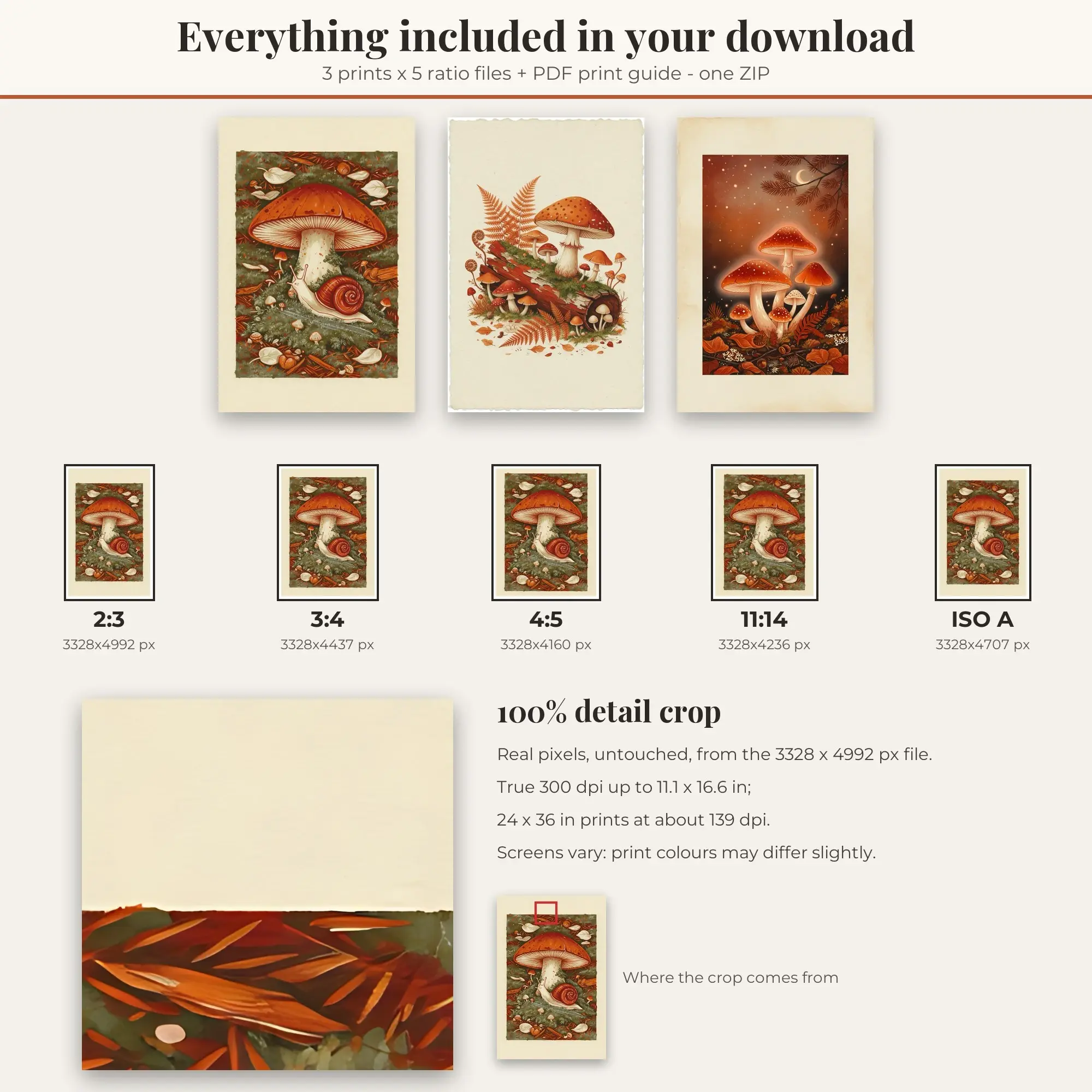 Mushroom Wall Art Set of 3, Rust and Cream Moss Cap & Fern and Fungi, preview 2 of 2