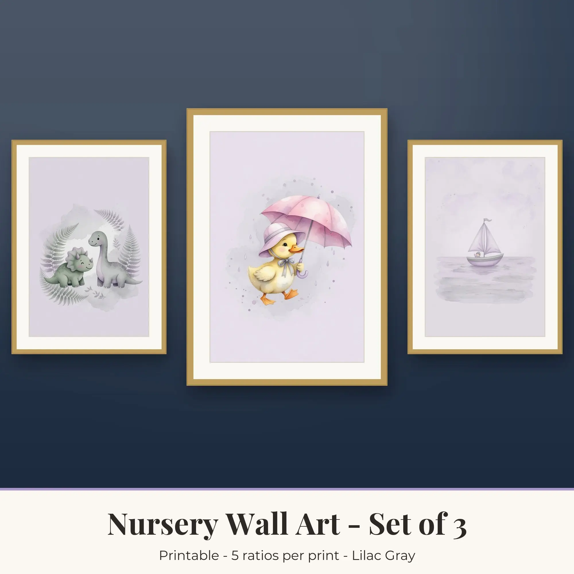 Nursery Wall Art Set of 3, Lilac Gray Dino Friends & Little Duck preview