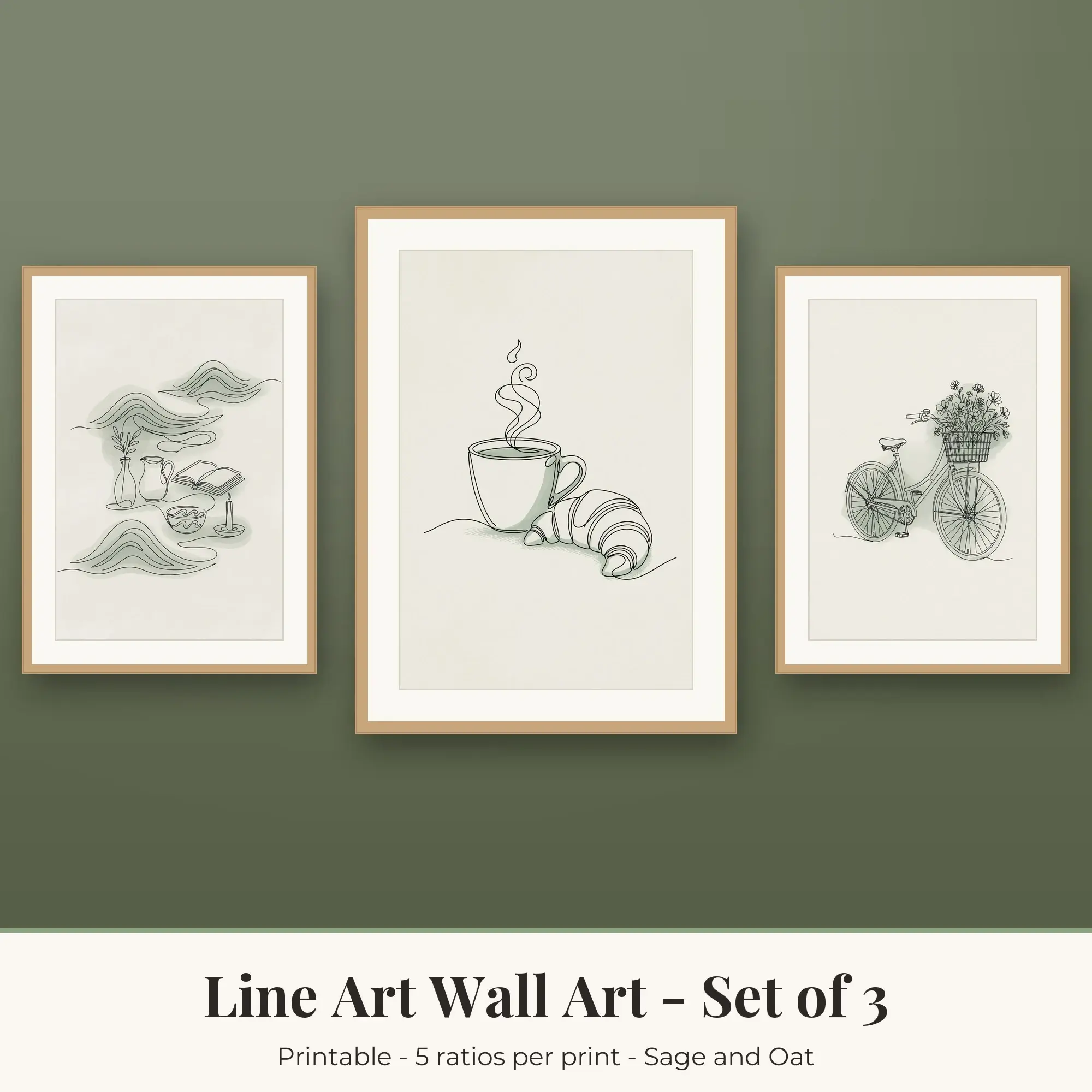 Line Art Wall Art Set of 3, Sage and Oat Swimmer Waves & Coffee Cup preview