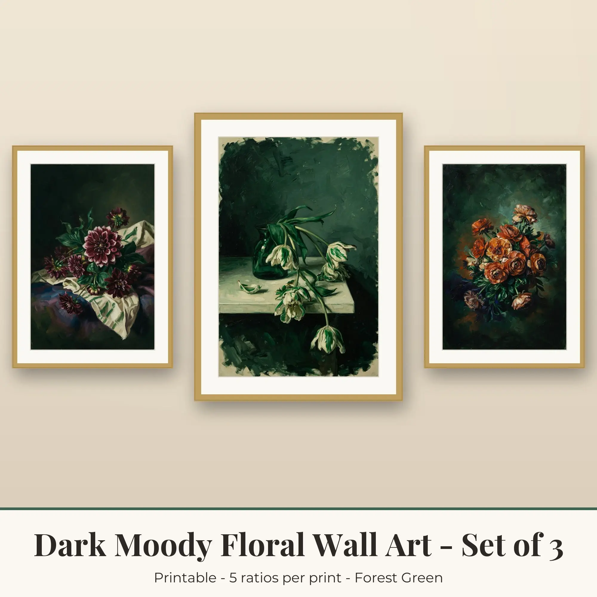 Dark Moody Floral Wall Art Set of 3: Ranunculus, Forest Green preview