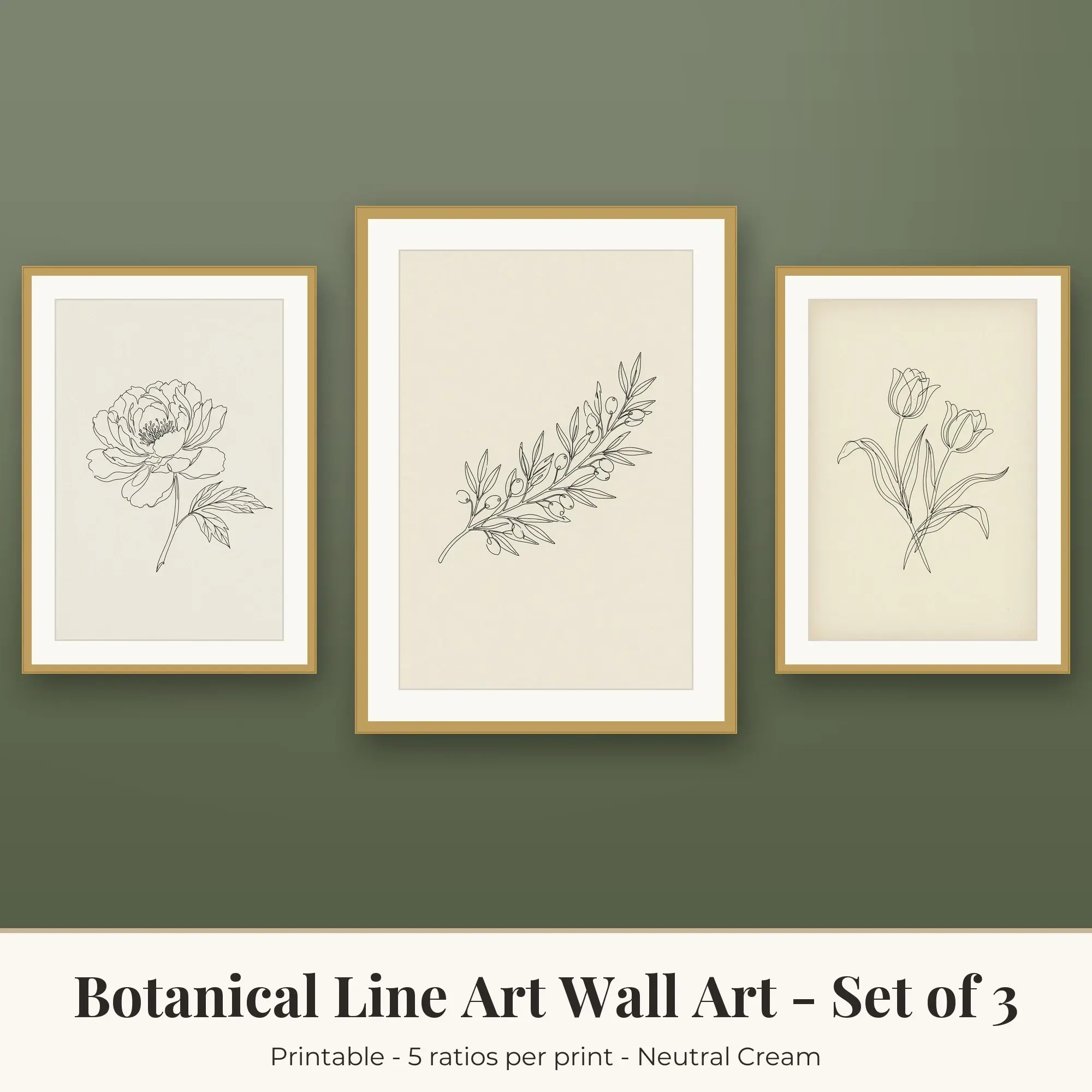 Botanical Line Art Set of 3: Olive Branch, Neutral Cream preview