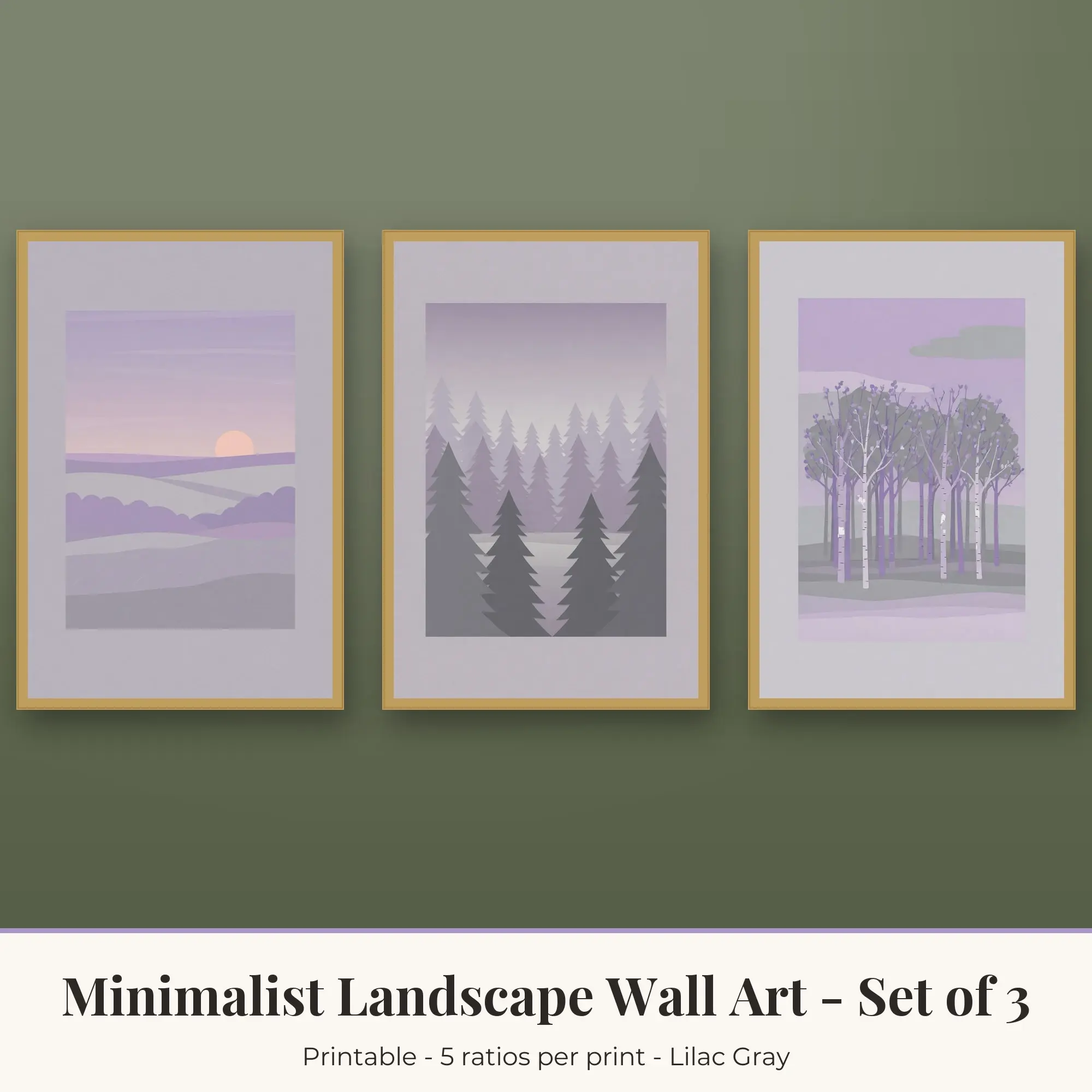Birch Grove Minimalist Landscape Set of 3 - Lilac Gray preview
