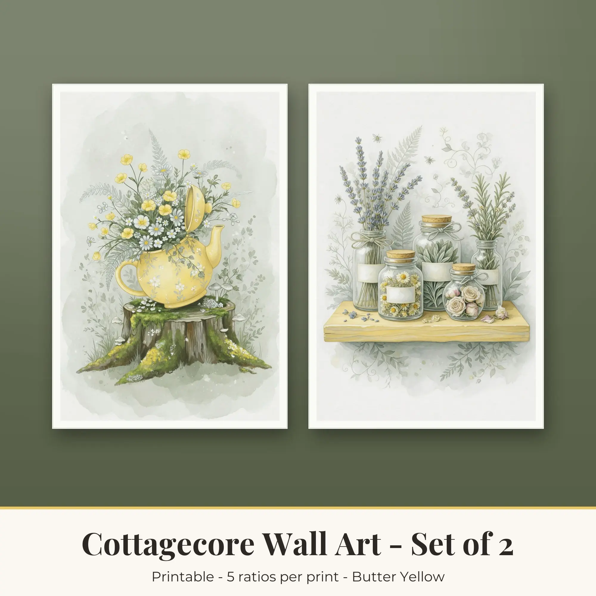 Cottagecore Wall Art Set of 2, Teapot Garden and Herb Jars, Printable preview