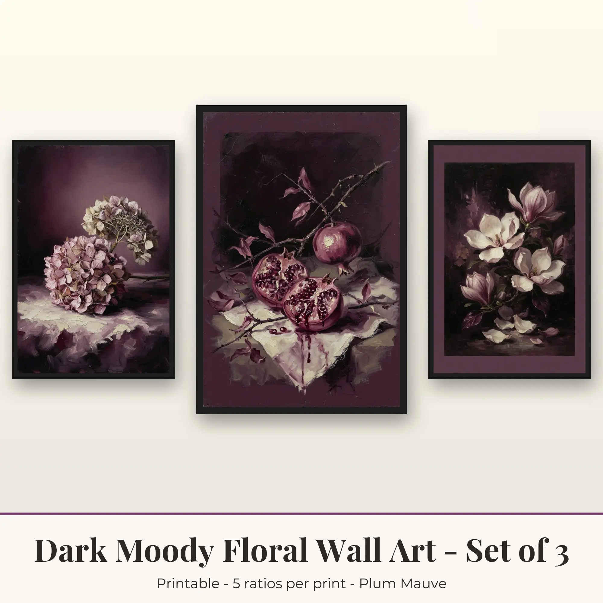 Dark Moody Floral Wall Art Set of 3: Dried Hydrangea, Plum Mauve preview