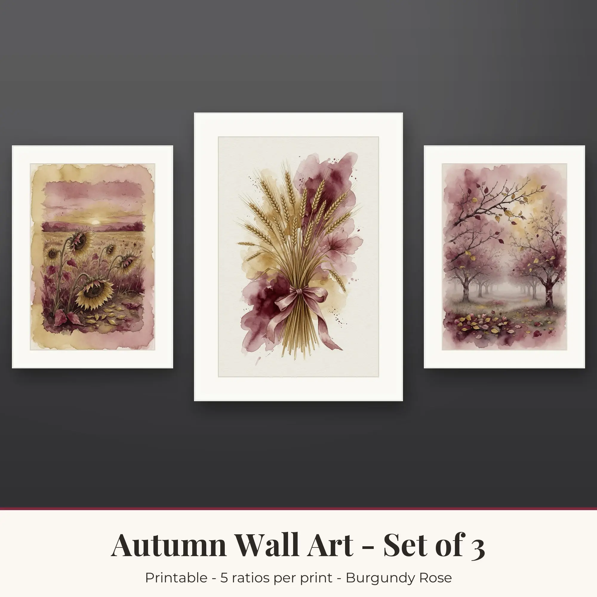 Autumn Wall Art Set of 3, Burgundy Rose Sunflower Field & Wheat Stalks preview
