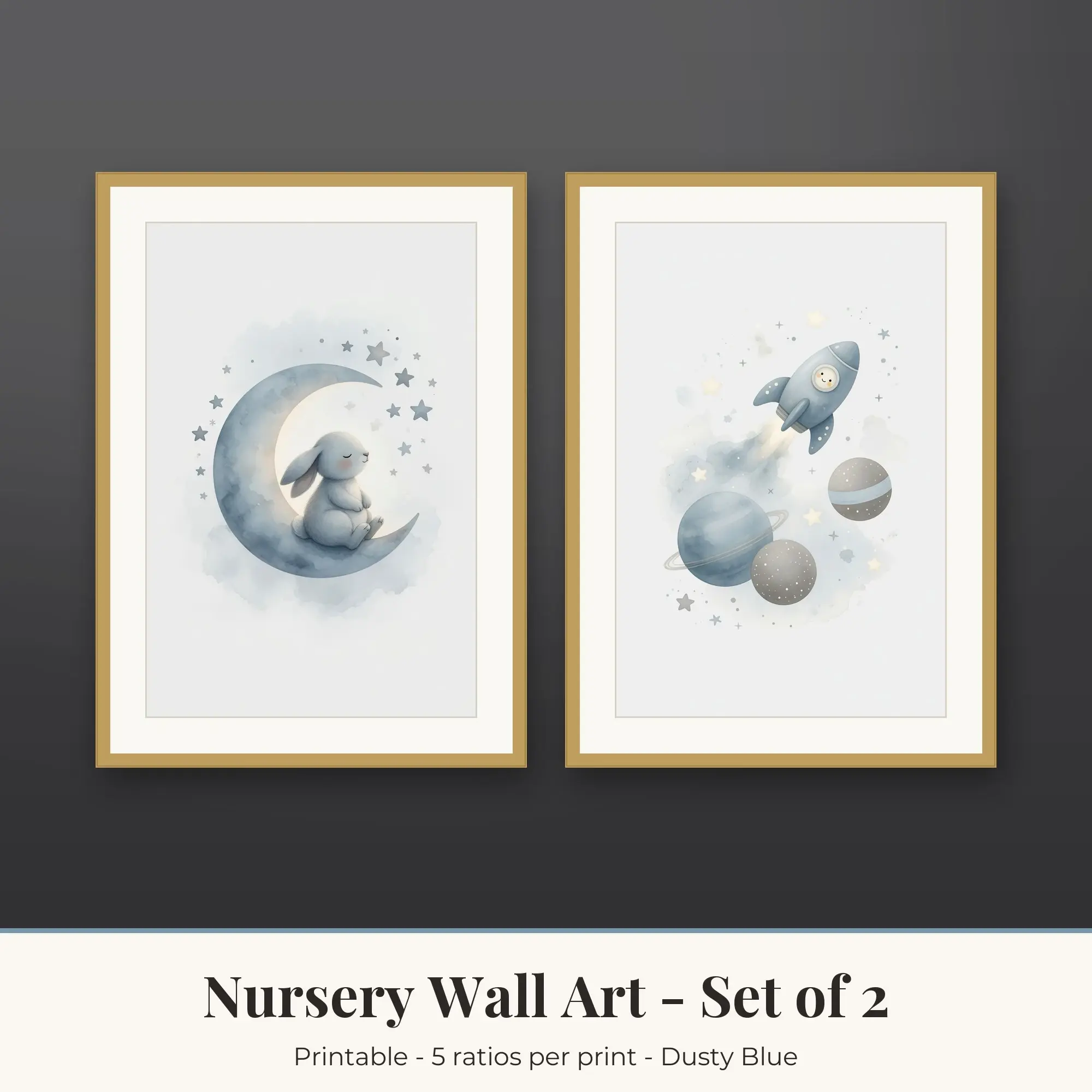 Nursery Wall Art Set of 2, Bunny and Moon and Space Rocket, Printable preview