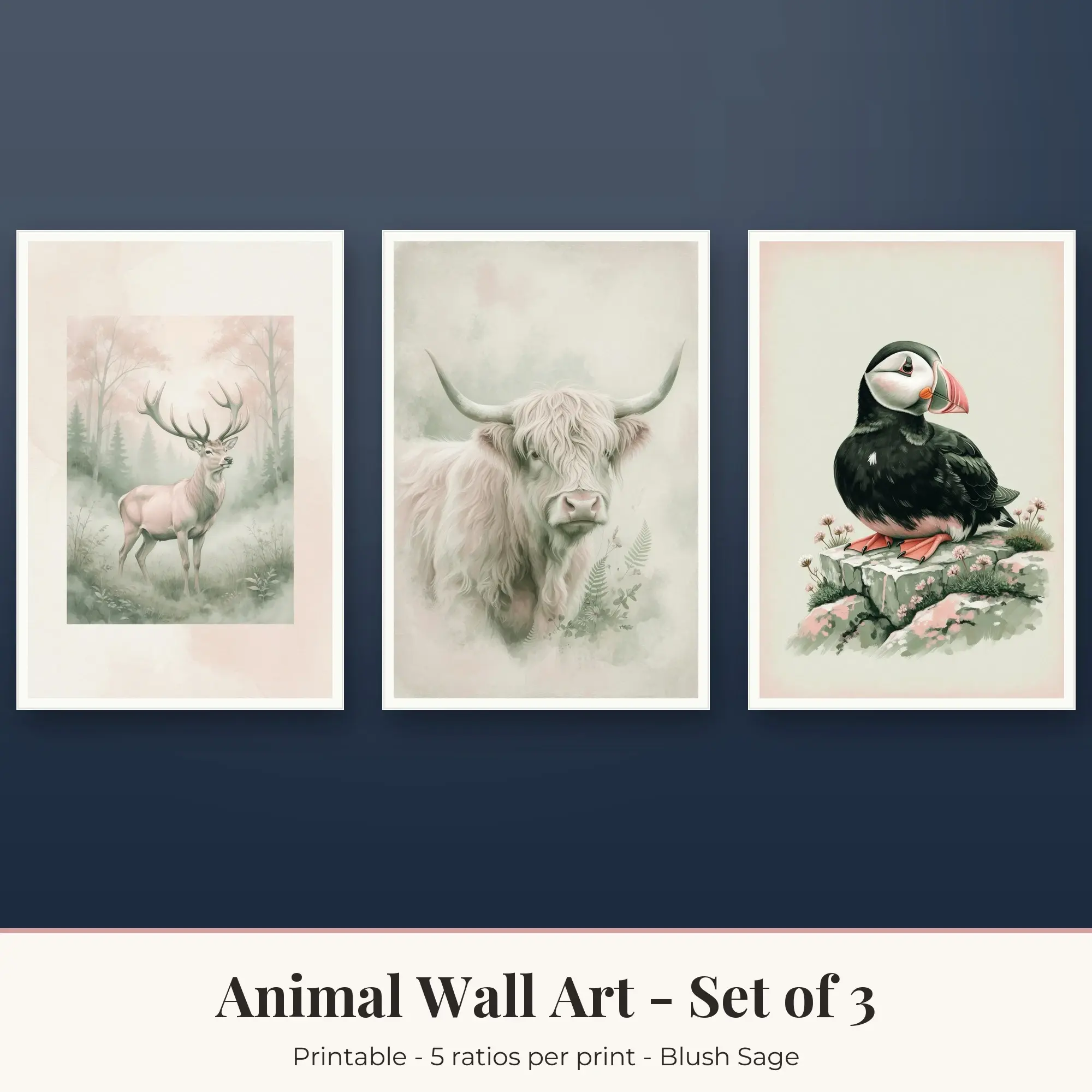 Animal Wall Art Set of 3, Blush Sage Deer in Forest & Highland Cow preview
