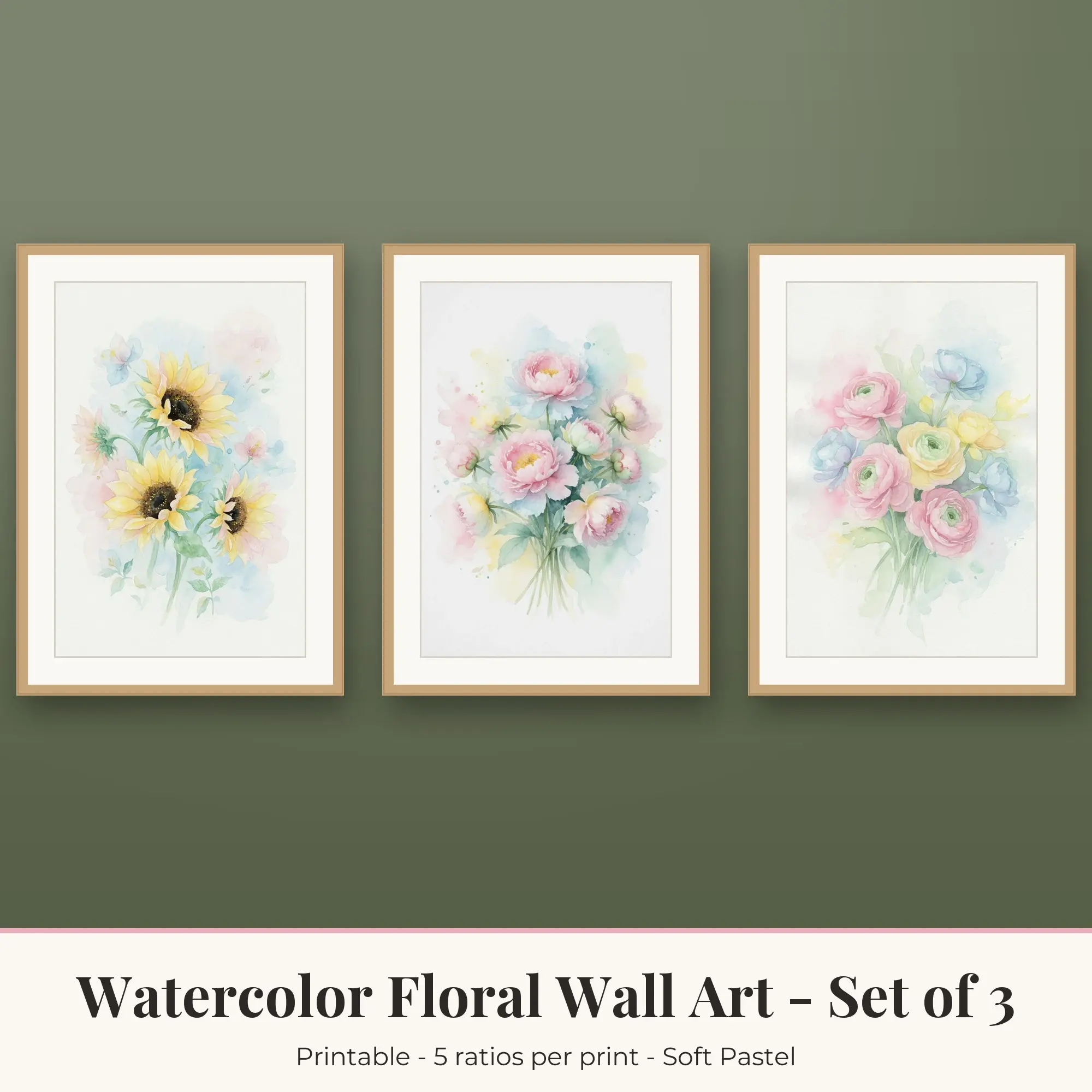 Watercolor Floral Wall Art Set of 3, Soft Pastel Sunflowers & Peonies preview