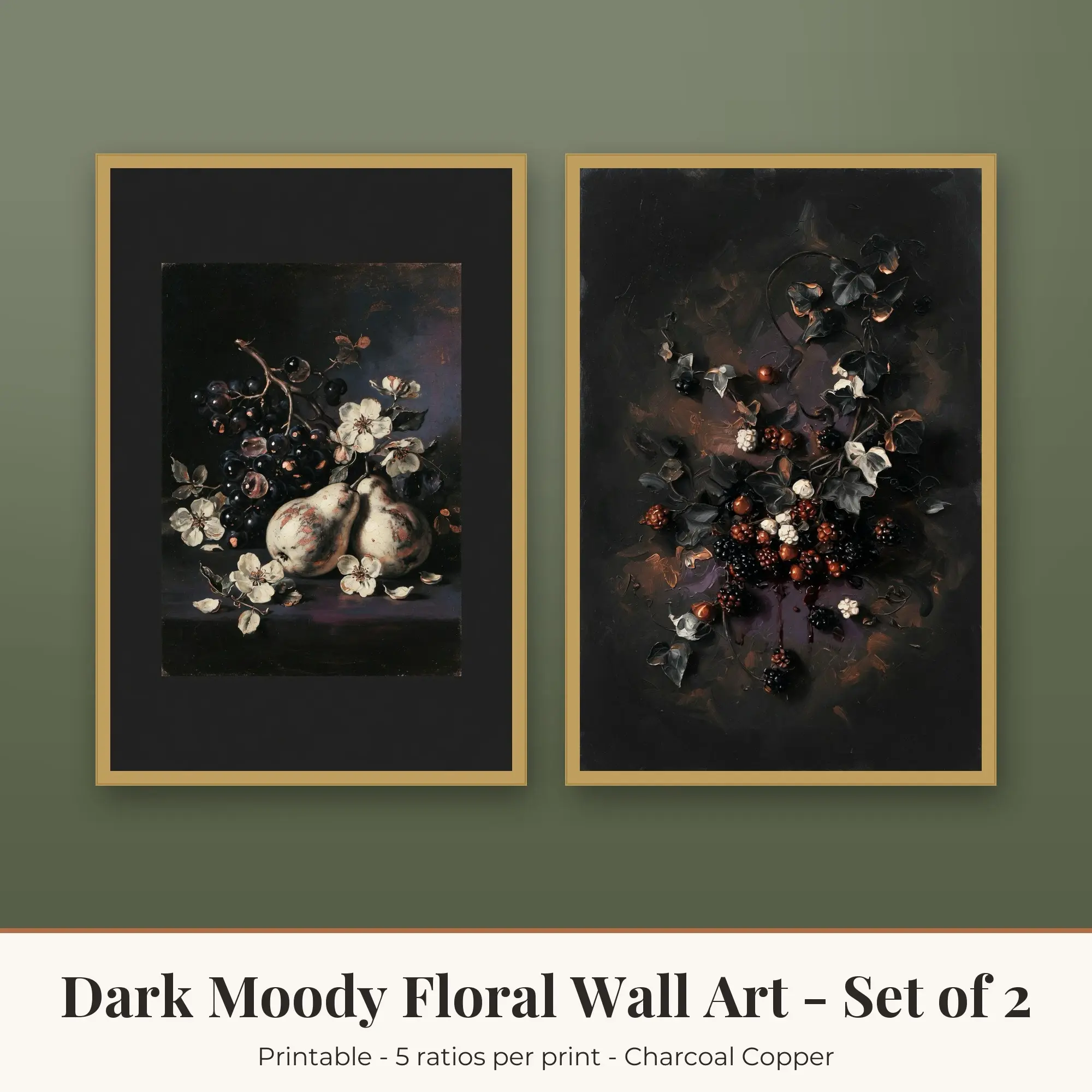Dark Moody Floral Wall Art Set of 2: Berries and Ivy, Charcoal Copper preview