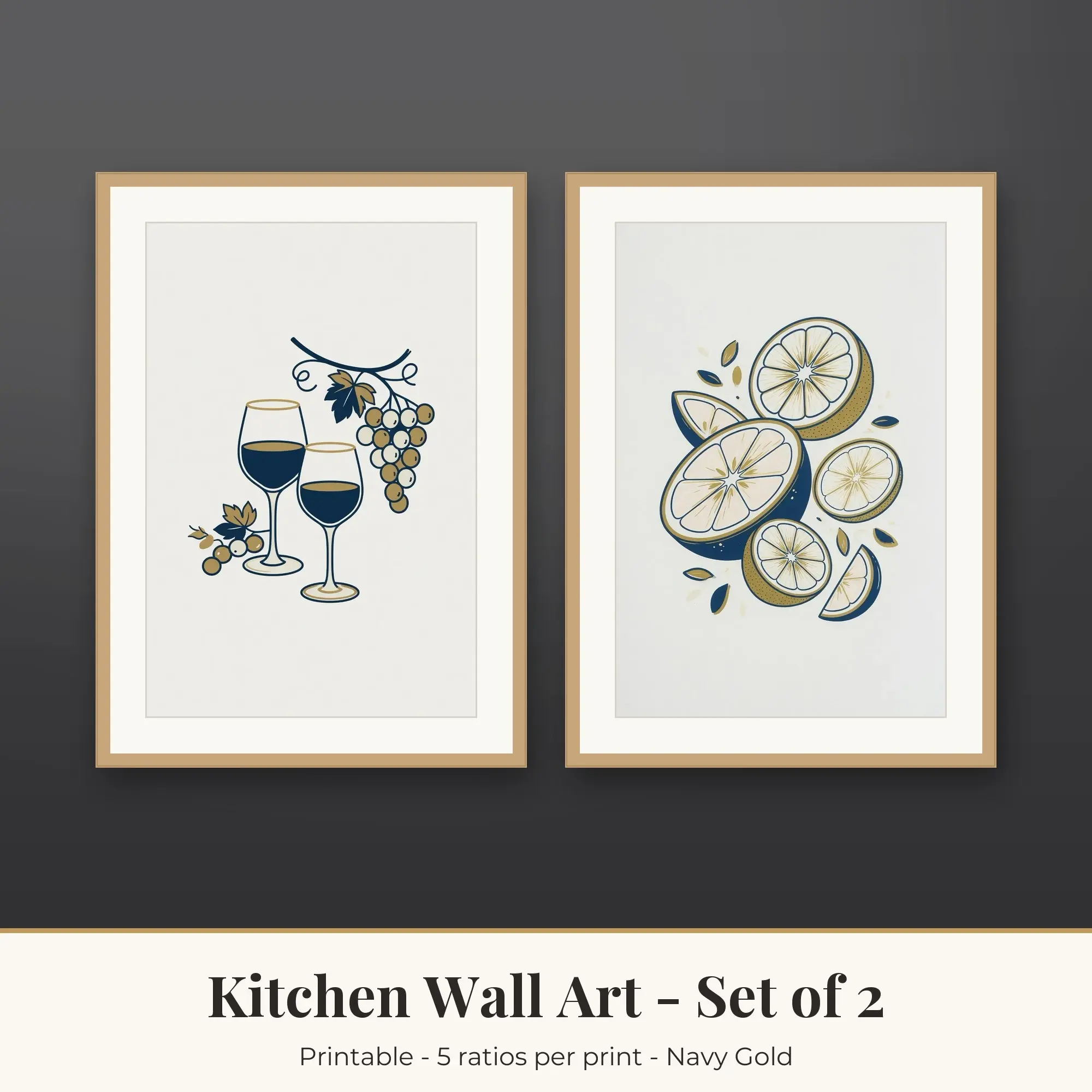 Kitchen Wall Art Set of 2, Wine Glasses and Citrus Slices, Printable preview