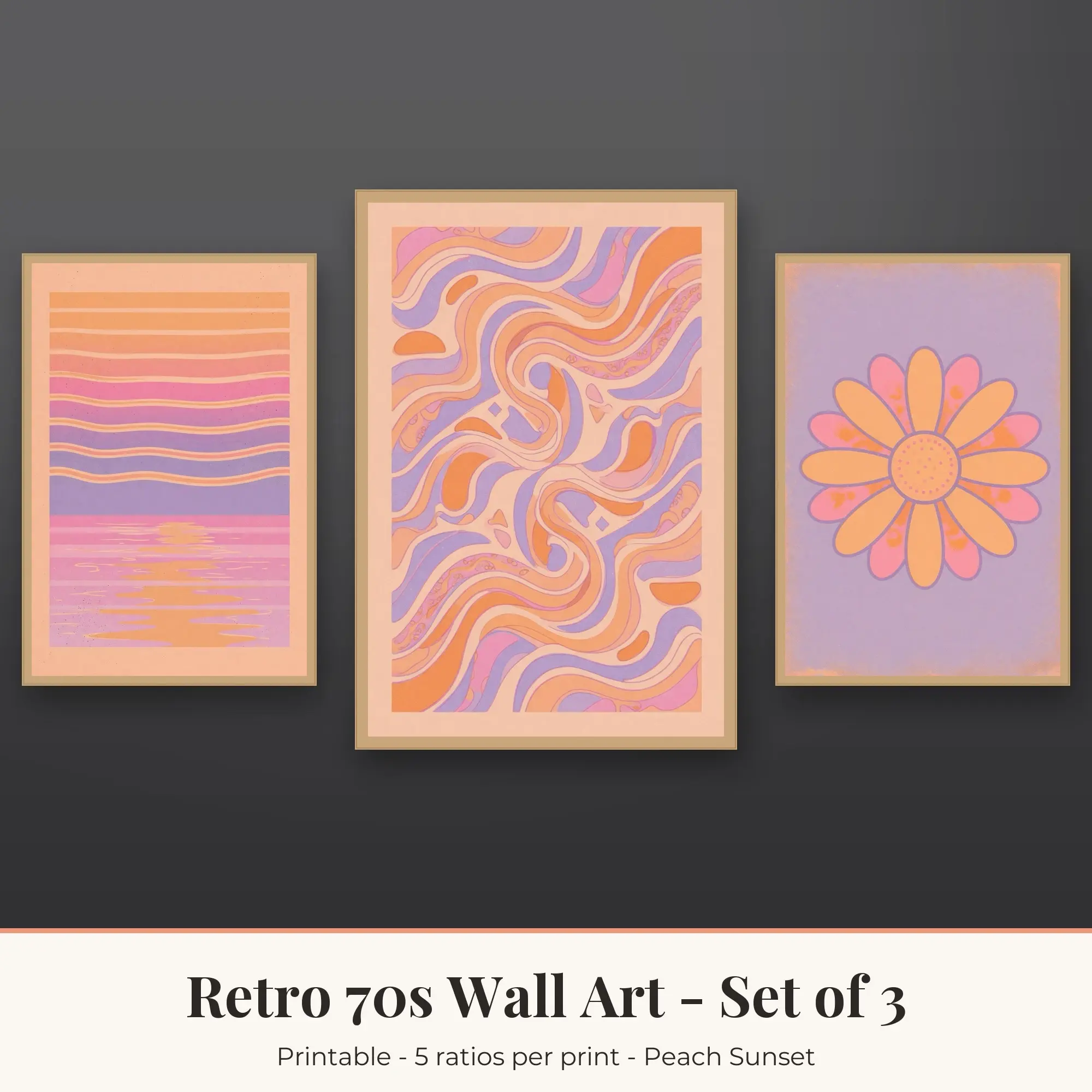 Retro 70s Wall Art Set of 3, Peach Sunset Retro Sunset & Boogie Waves preview