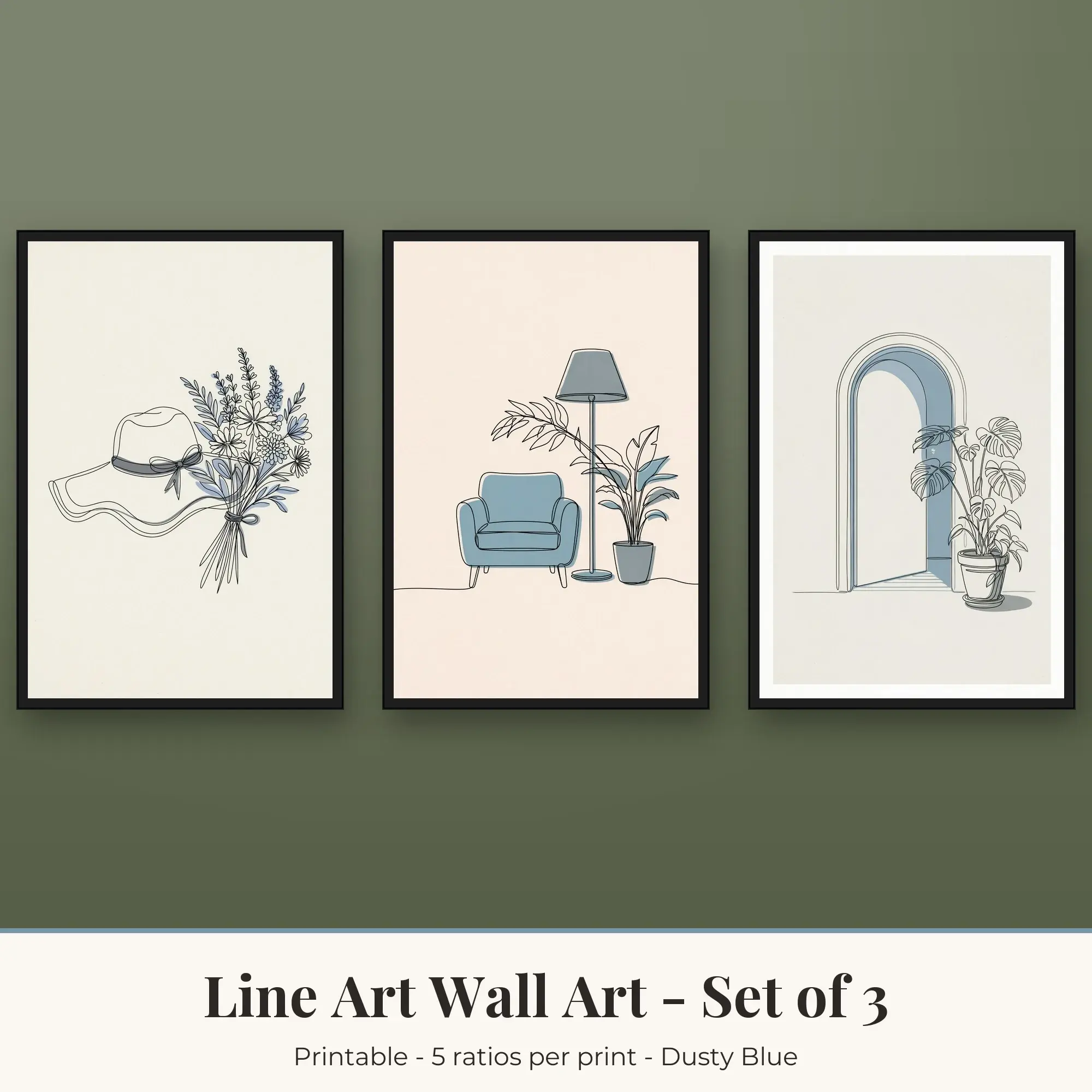 Line Art Wall Art Set of 3, Dusty Blue Hat and Flowers & Reading Chair preview