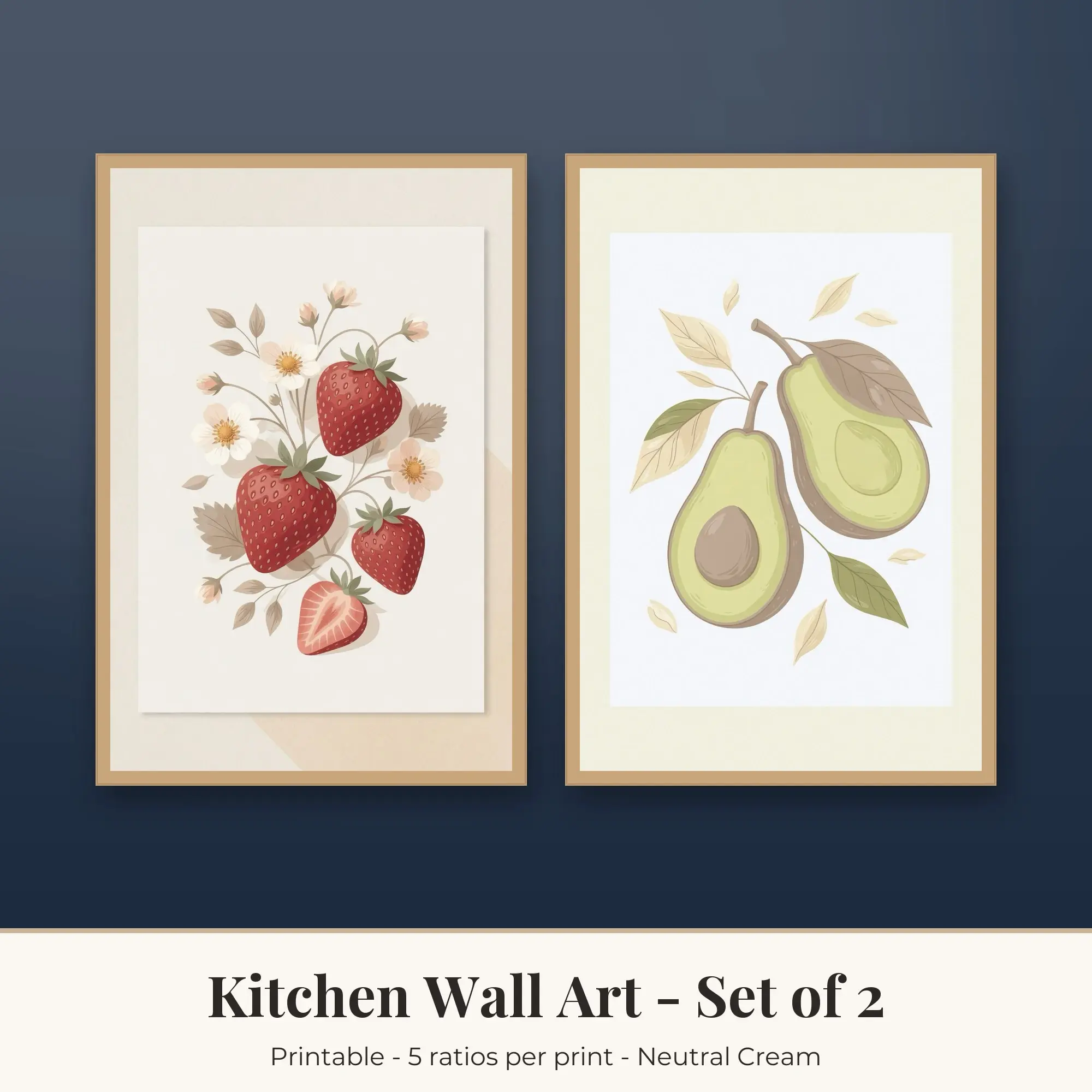 Kitchen Wall Art Set of 2, Neutral Cream Strawberries & Avocado preview