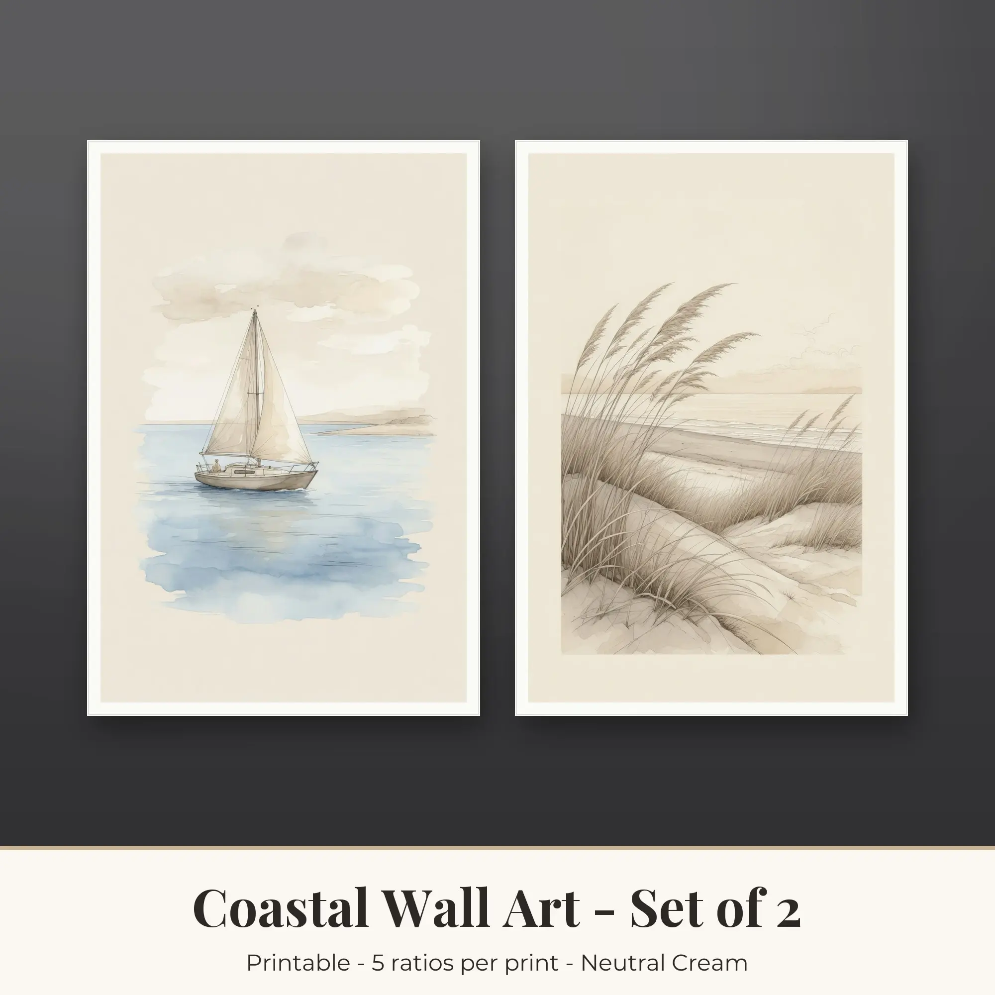 Coastal Wall Art Set of 2, Sailboat and Dune Grass, Printable preview