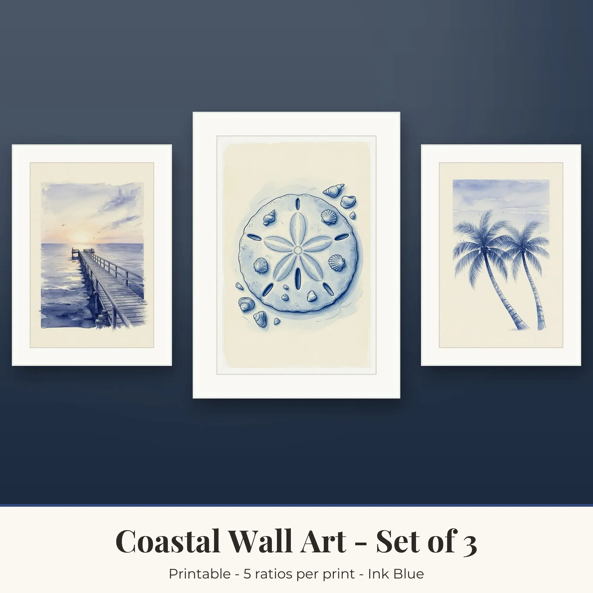 Coastal Wall Art Set of 3, Ink Blue Pier Sunrise & Sand Dollar preview