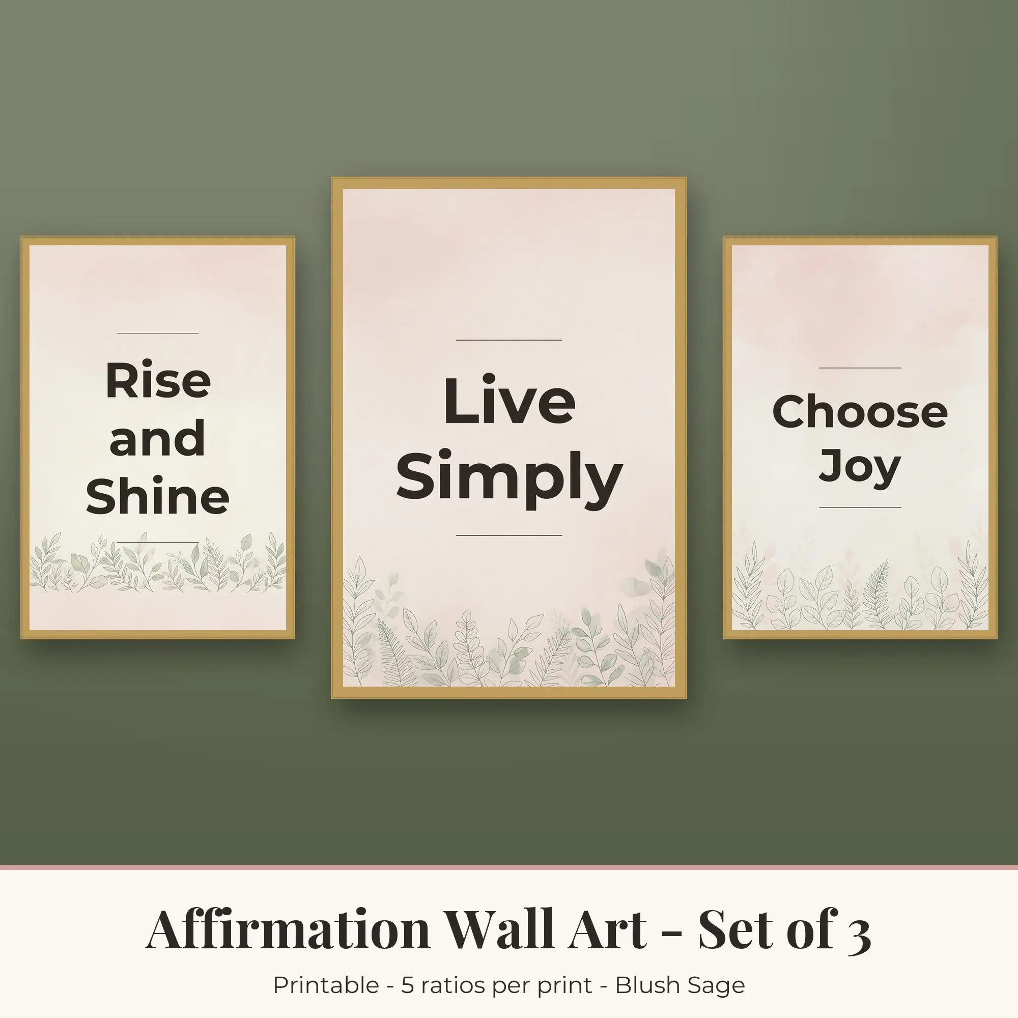 Affirmation Wall Art Set of 3, Blush Sage Rise and Shine & Live Simply, preview 1 of 2