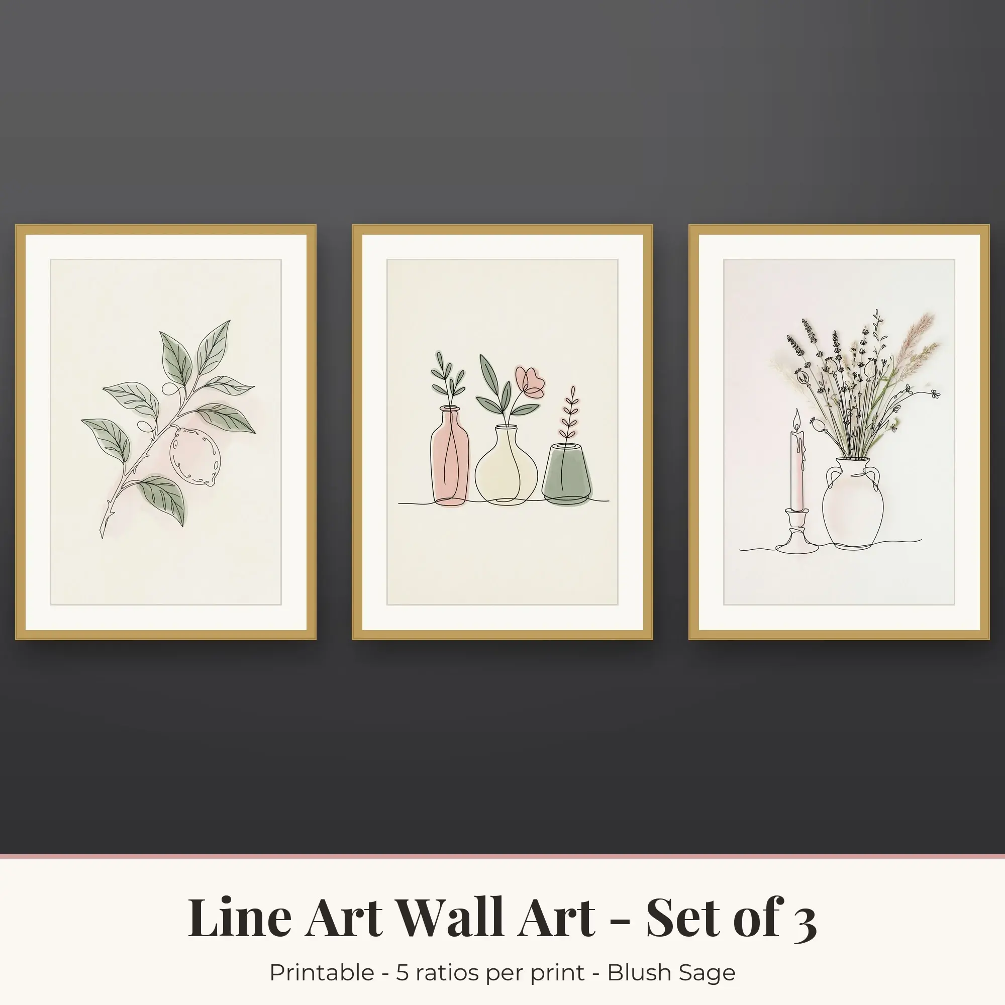 Line Art Wall Art Set of 3, Blush Sage Lemon Branch & Vase Trio preview