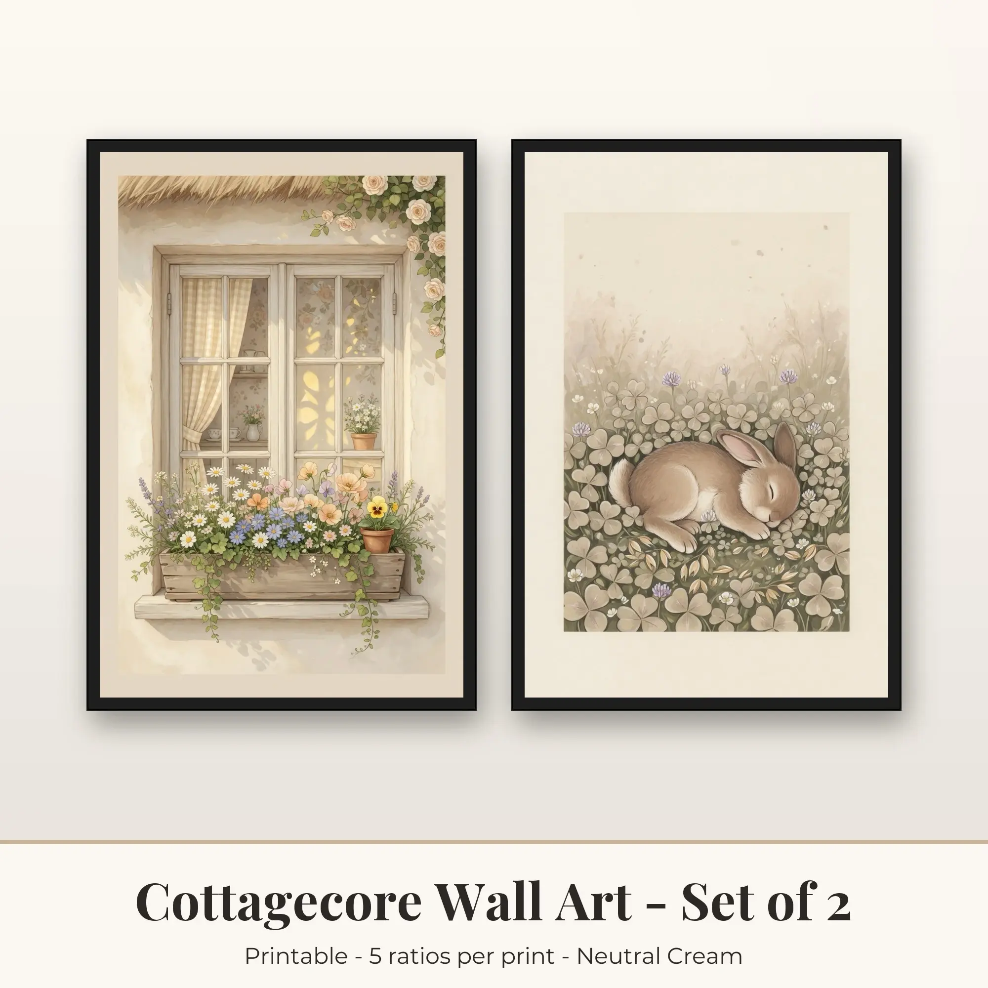 Cottagecore Printable Art Set of 2: Morning Window and Bunny in Clover preview