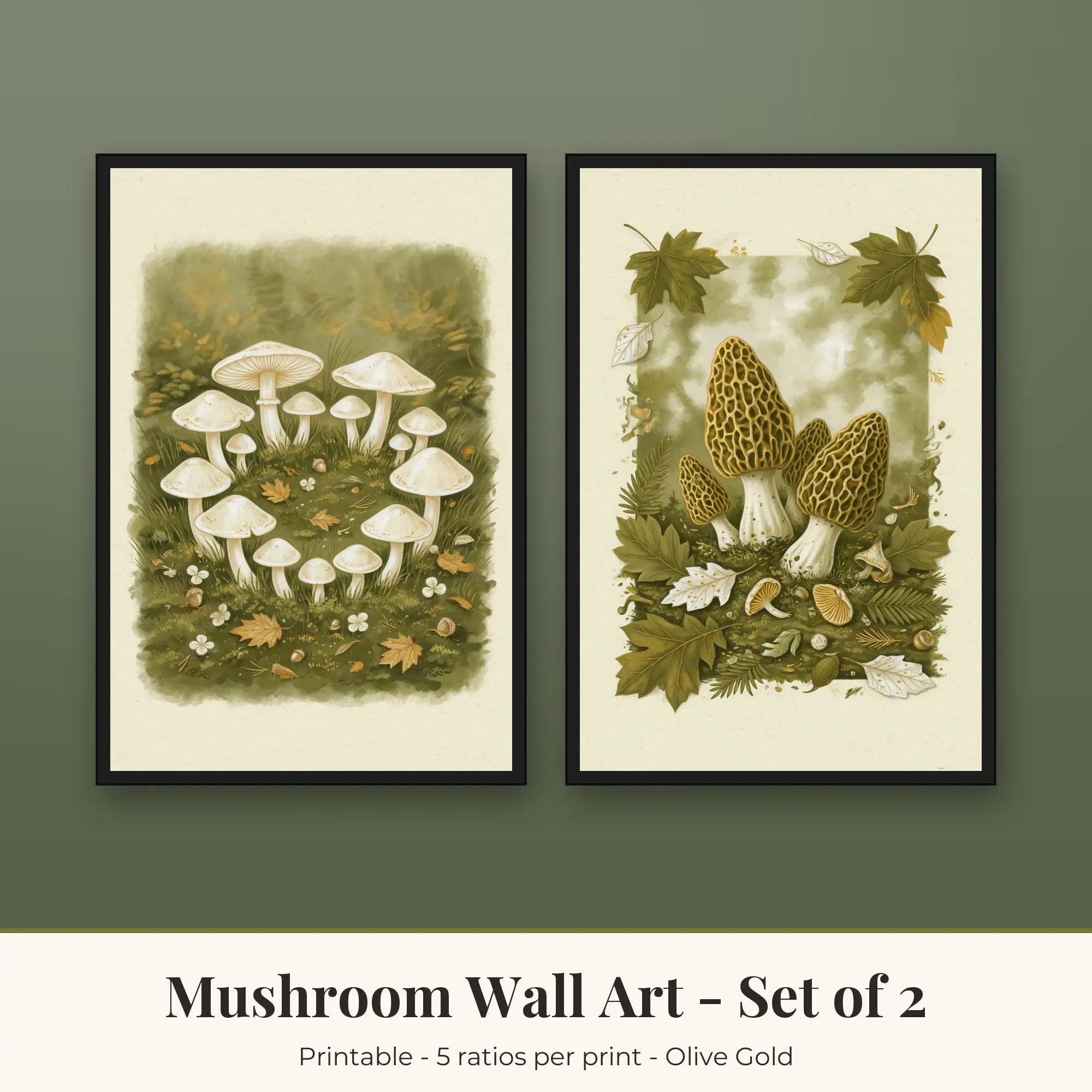 Mushroom Wall Art Set of 2, Olive Gold Fairy Ring & Morels preview