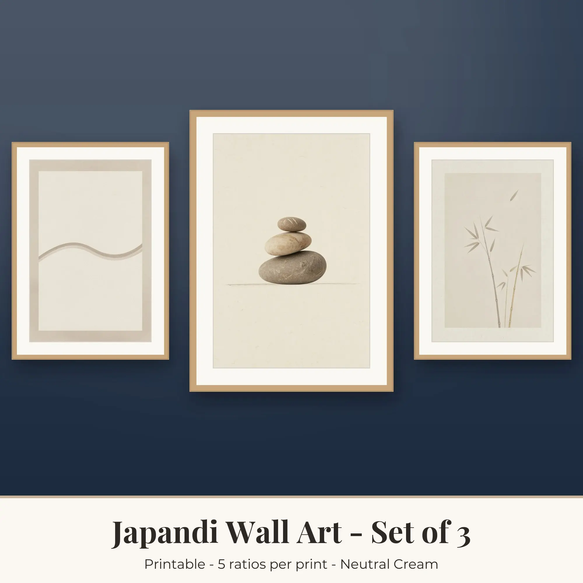 Japandi Wall Art Set of 3: Stone Balance, Neutral Cream preview