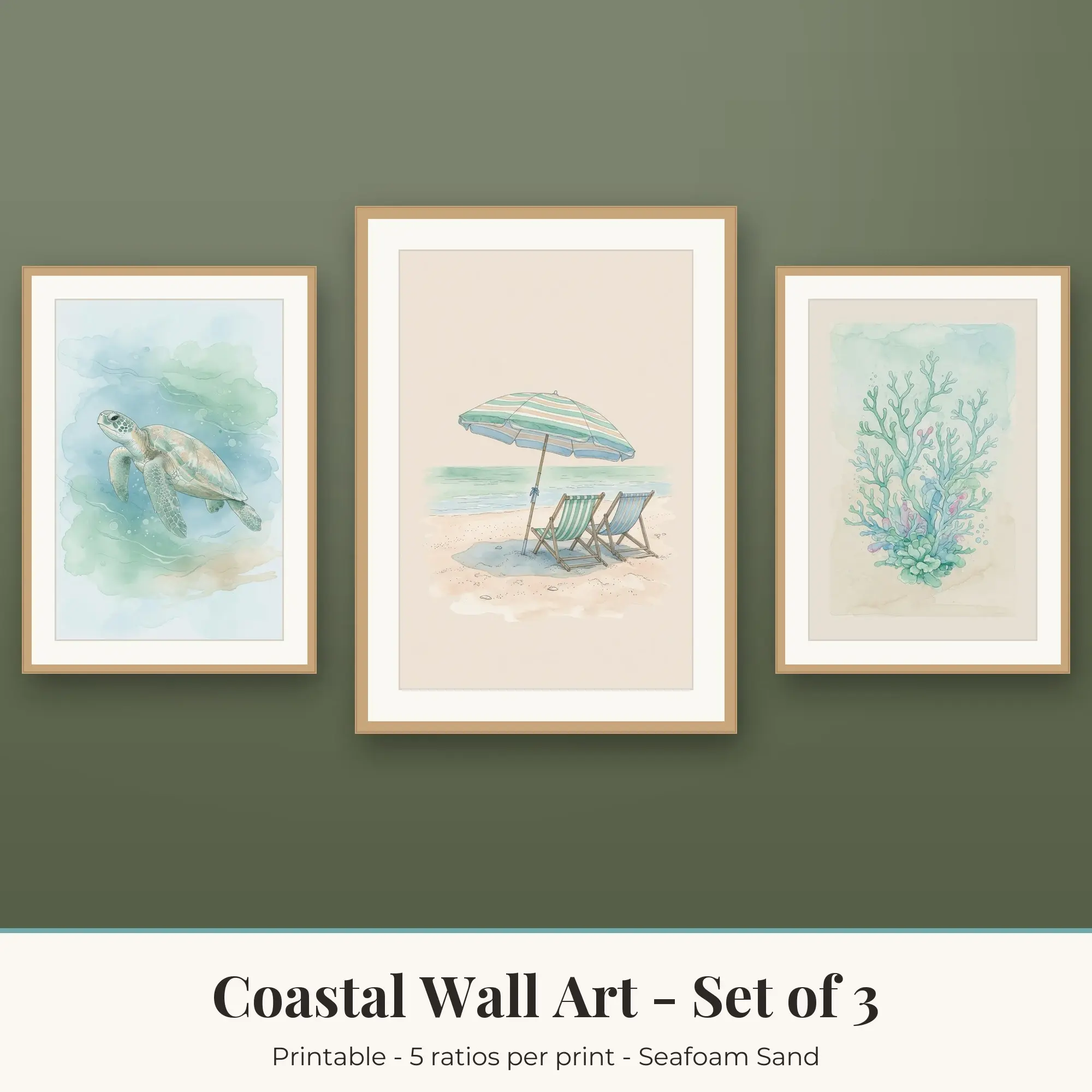 Coastal Wall Art Set of 3, Seafoam Sand Sea Turtle & Beach Umbrella preview