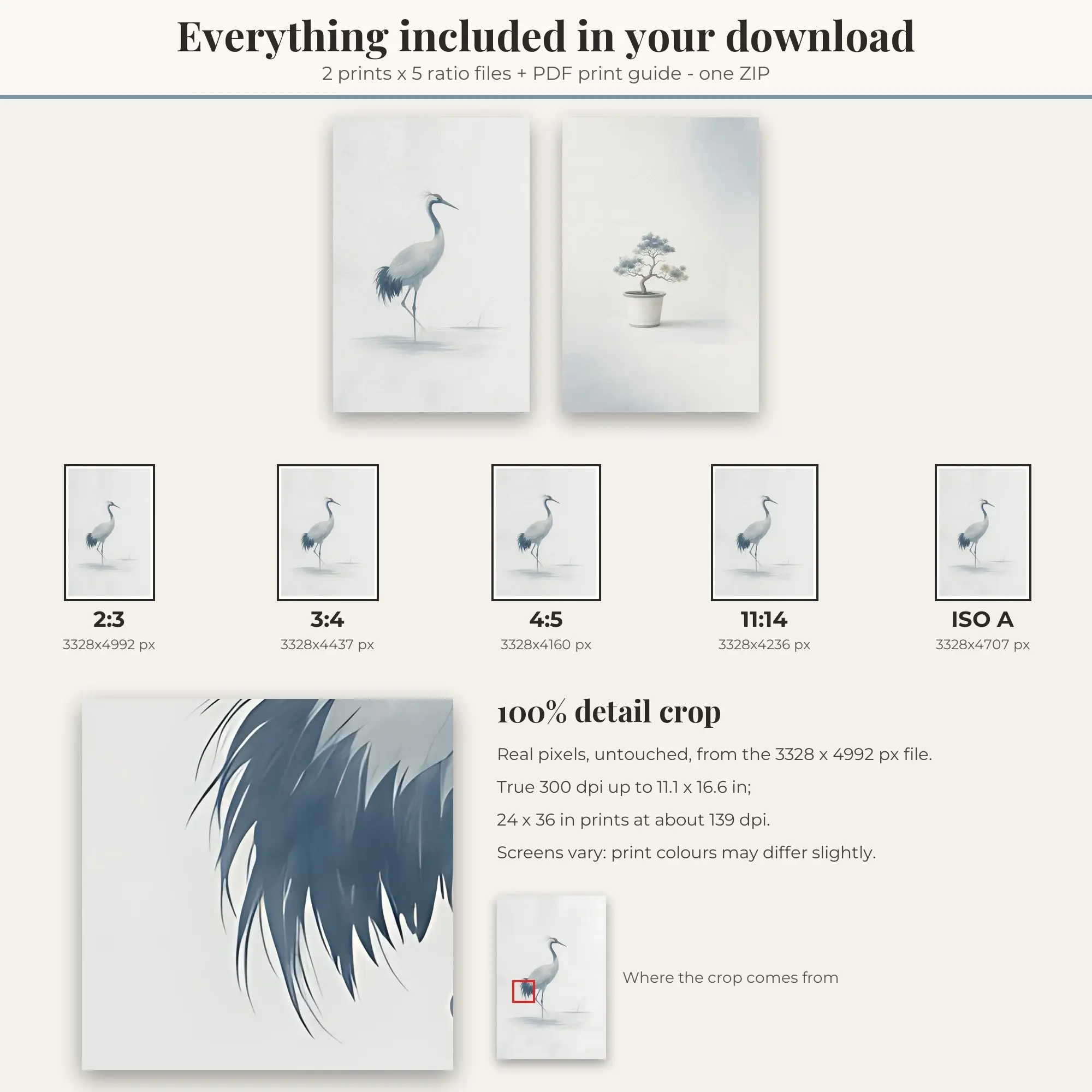 Crane and Bonsai Wall Art Set of 2 | Japandi Digital Prints, preview 2 of 2