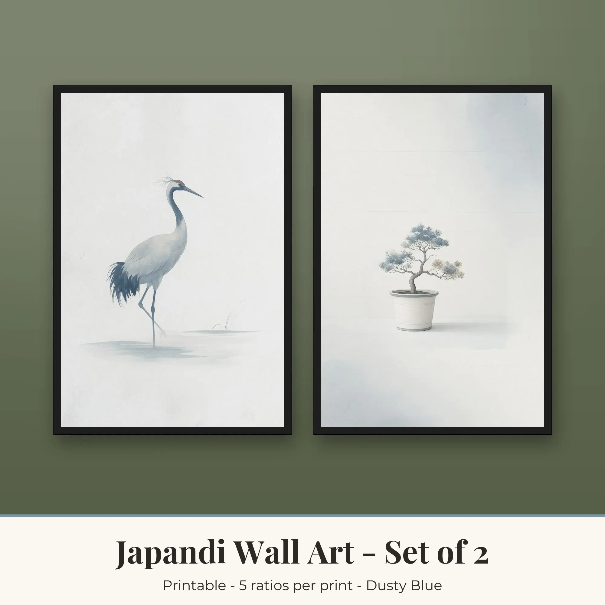 Crane and Bonsai Wall Art Set of 2 | Japandi Digital Prints preview