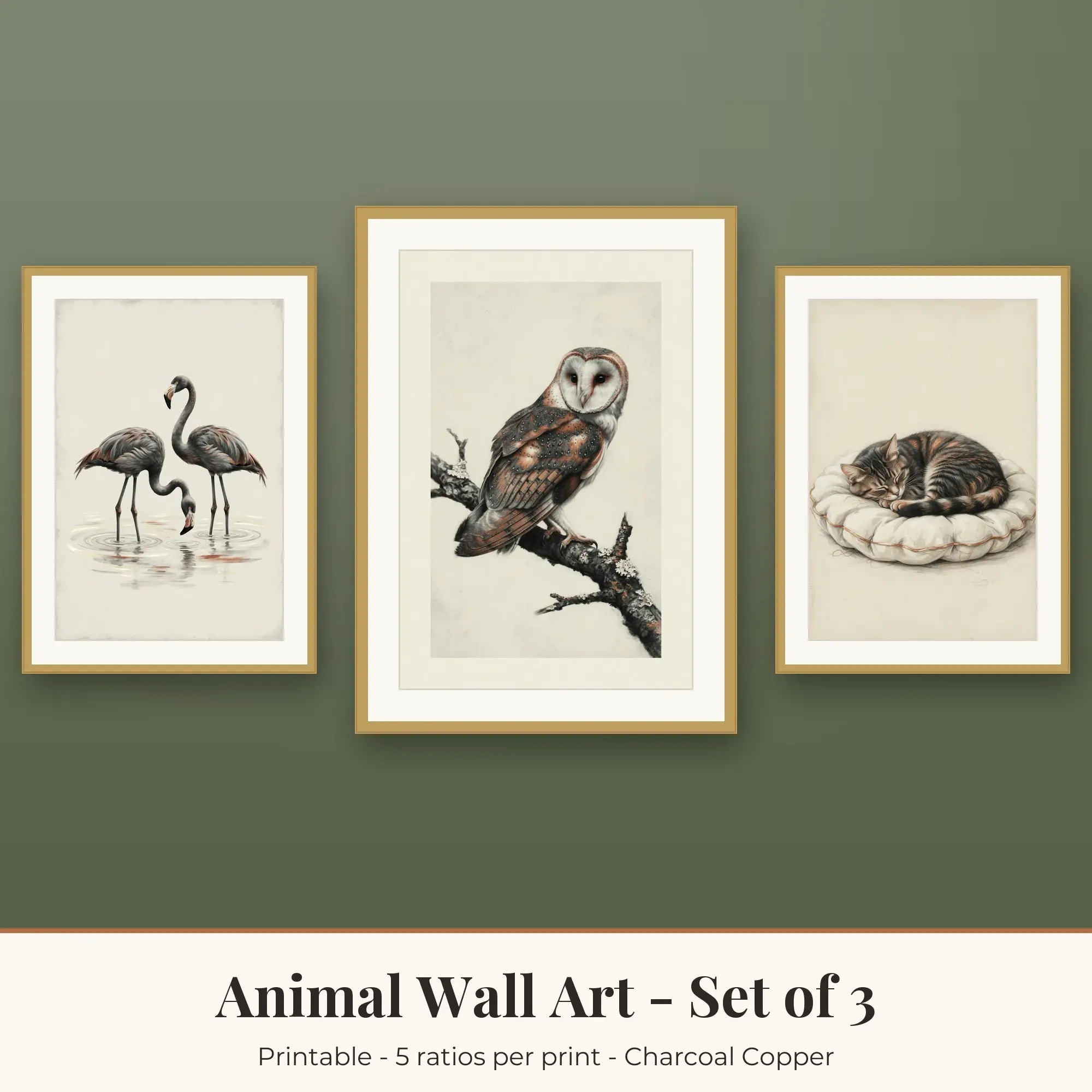 Animal Wall Art Set of 3, Charcoal Copper Flamingos & Barn Owl preview