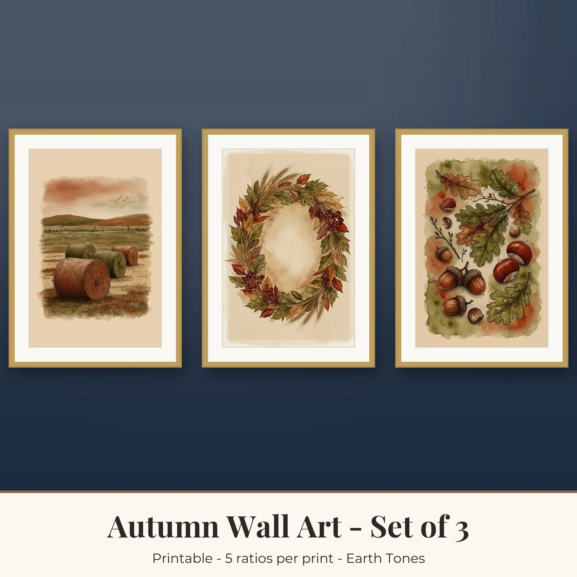 Autumn Wall Art Set of 3, Earth Tones Hay Bales & Harvest Wreath preview