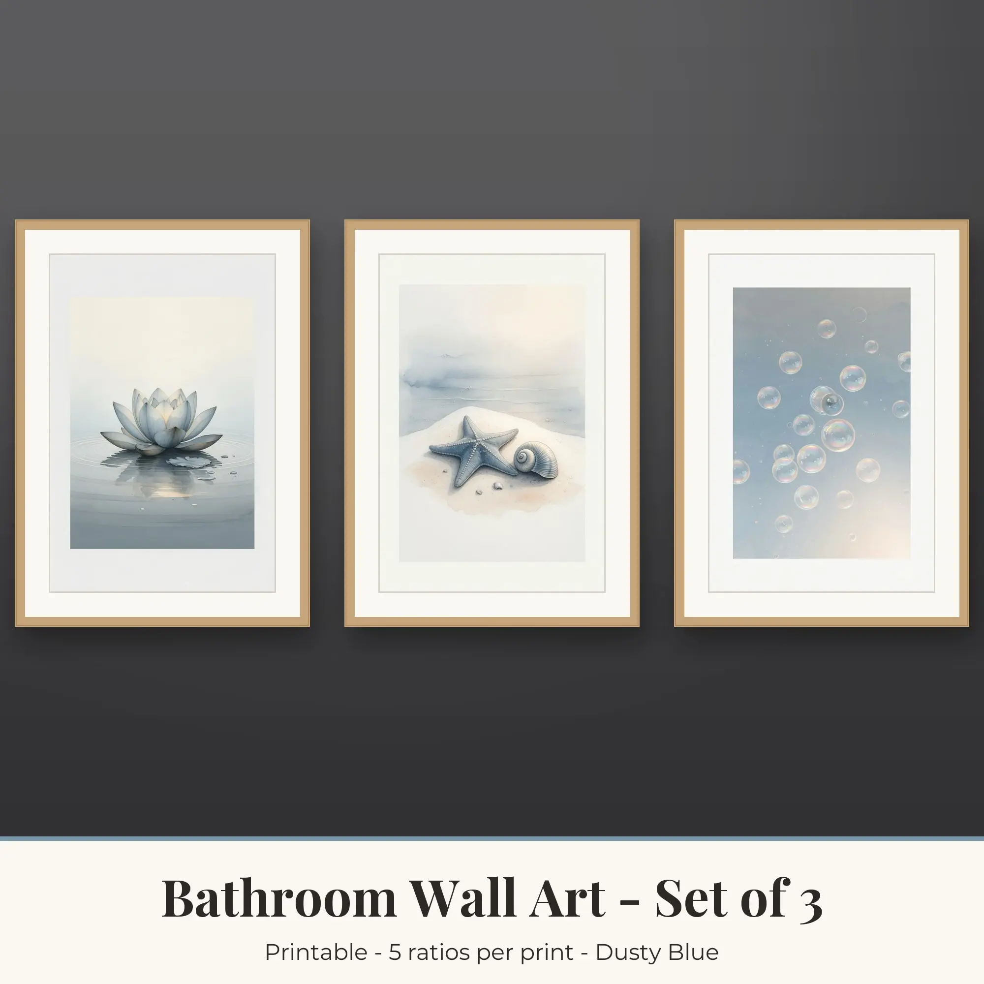Bathroom Printable Art Set of 3: Lotus Flower, Starfish & Soap Bubbles preview