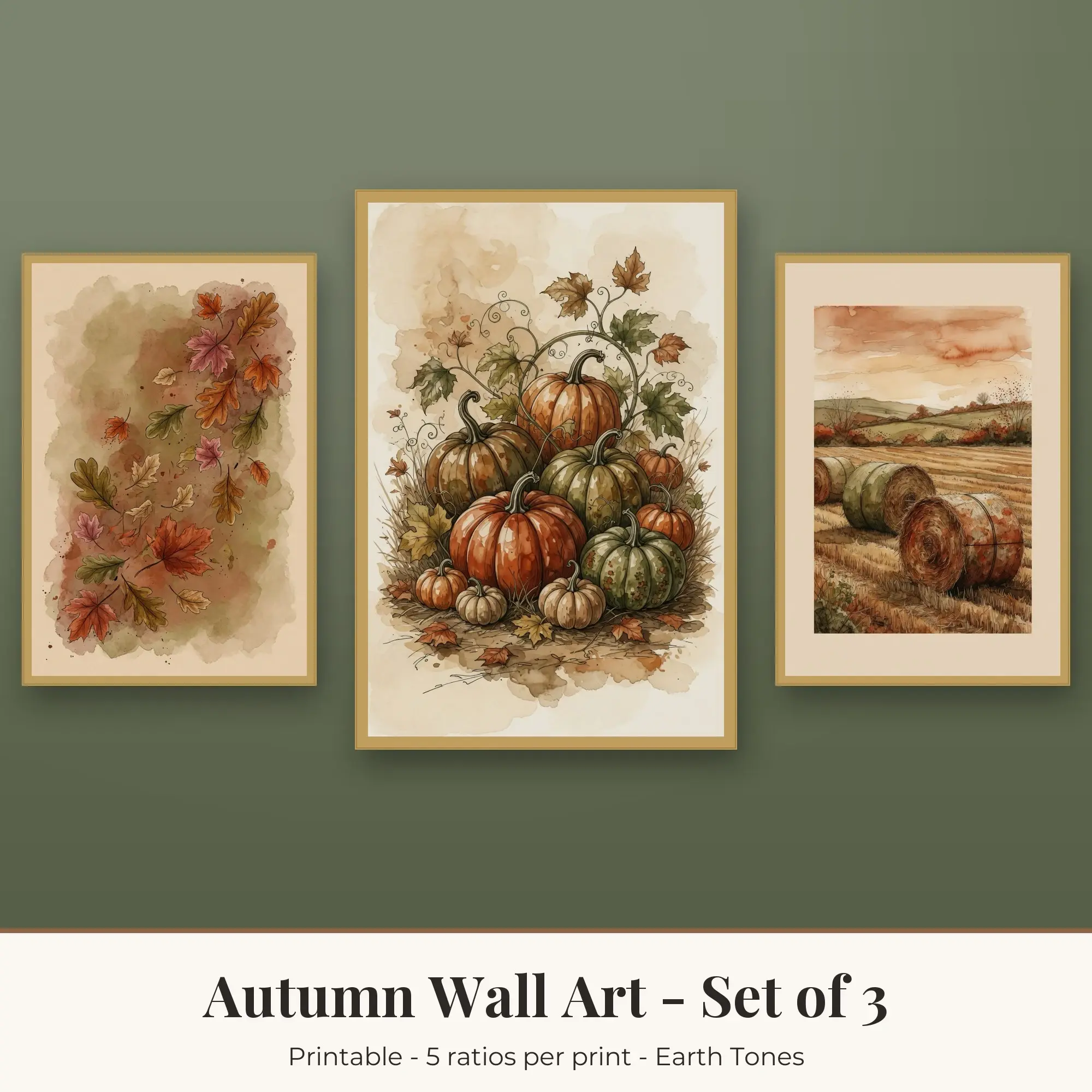 Autumn Wall Art Set of 3, Earth Tones Fall Leaves & Pumpkin Patch preview