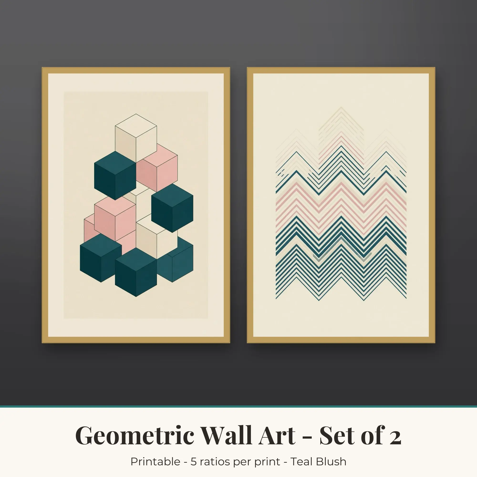 Geometric Wall Art Set of 2, Teal Blush Isometric Cubes & Arrow Lines preview