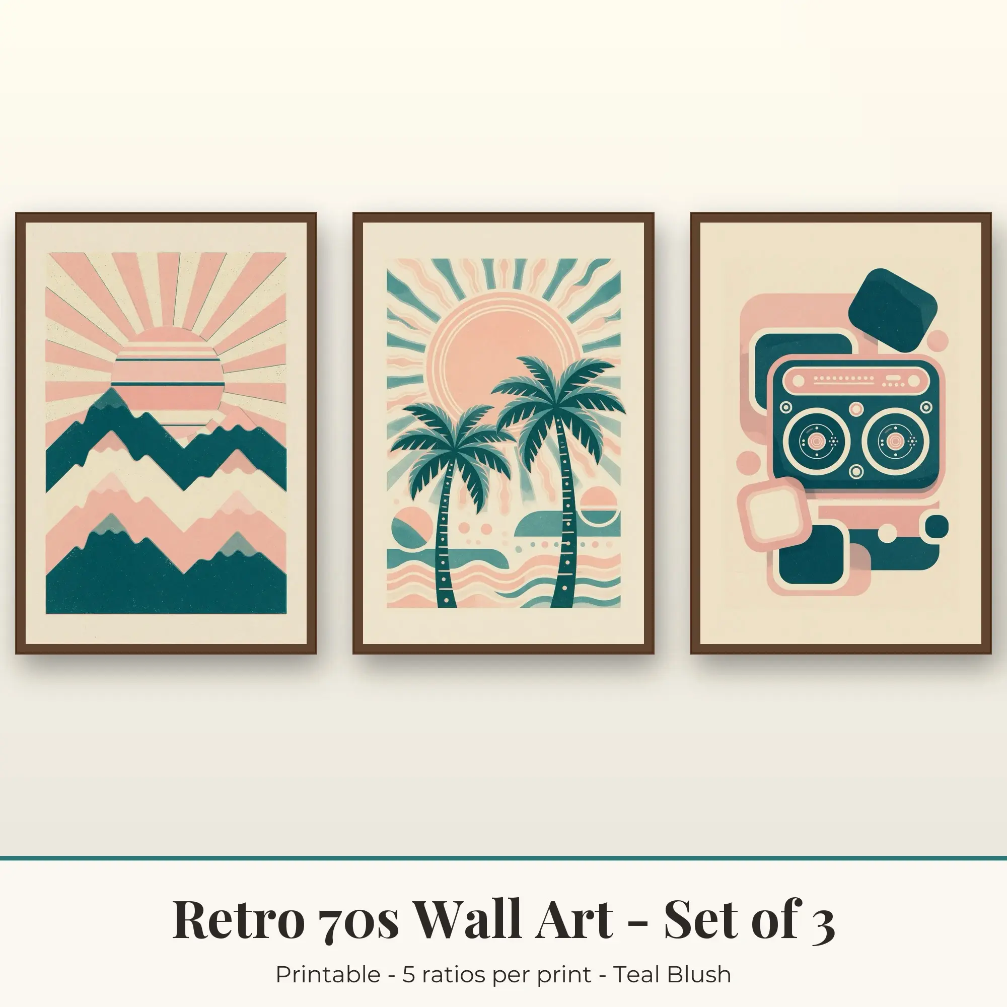 Retro 70s Wall Art Set of 3, Teal Blush Retro Mountains & Retro Palms preview