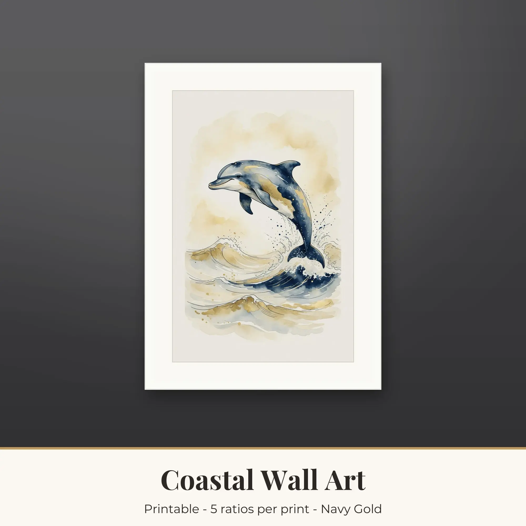 Coastal Wall Art Print - Dolphin - Navy Gold preview