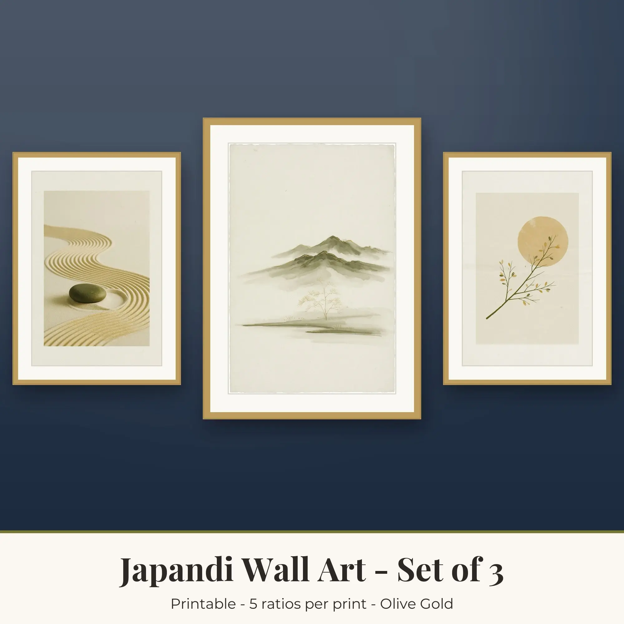 Japandi Wall Art Set of 3, Olive Gold Sand Ripples & Mountain Mist preview