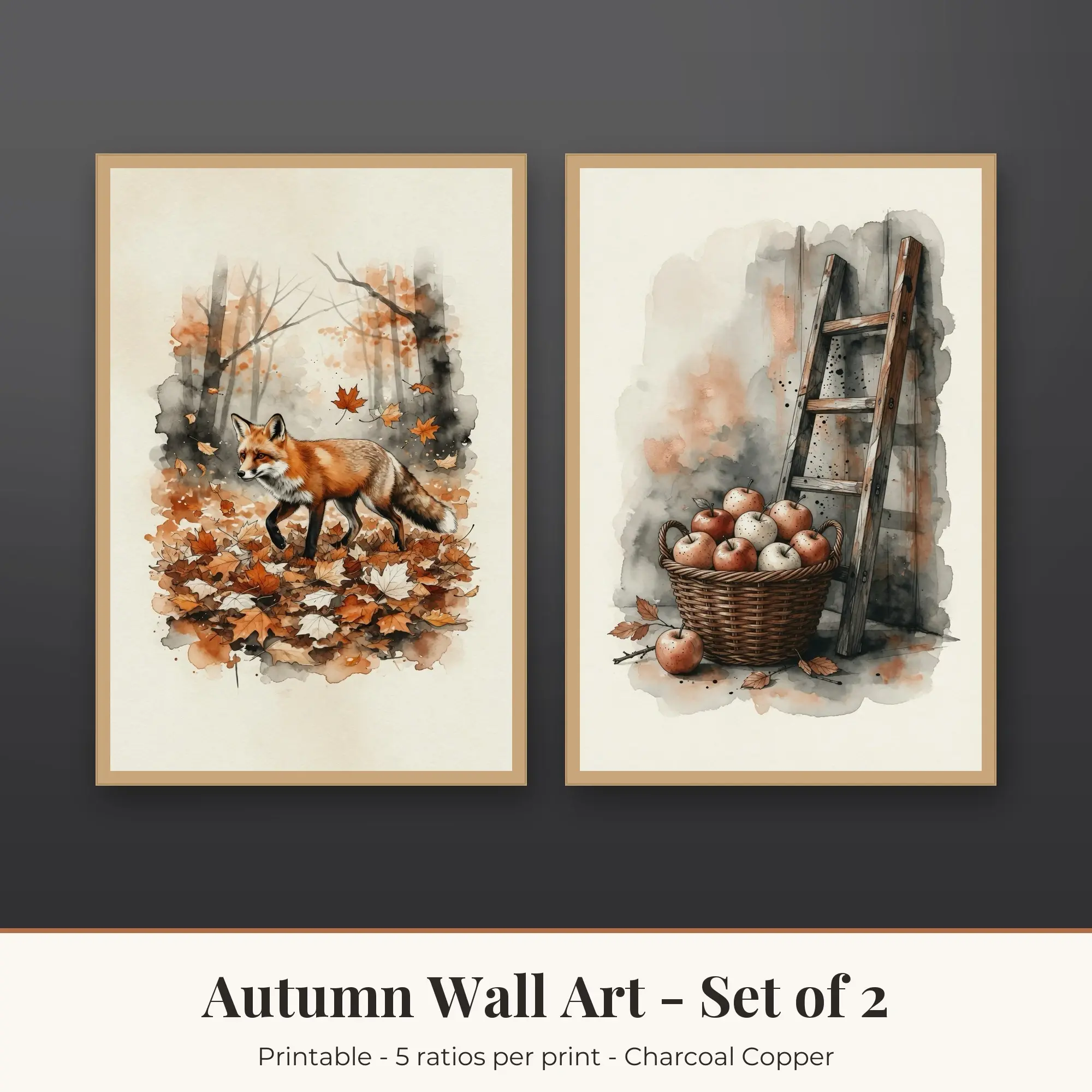 Autumn Printable Art Set of 2: Woodland Fox and Apple Basket preview