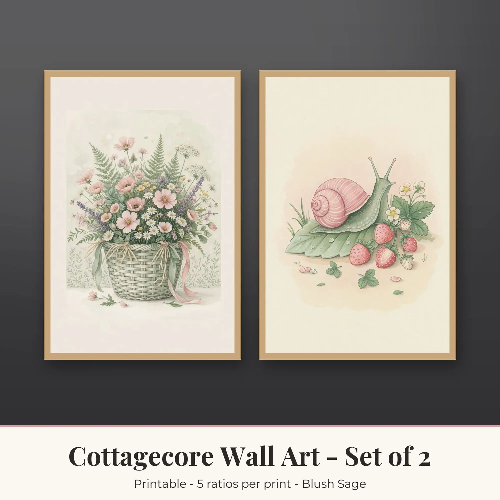 Cottagecore Wall Art Set of 2: Wildflower Basket, Blush Sage preview